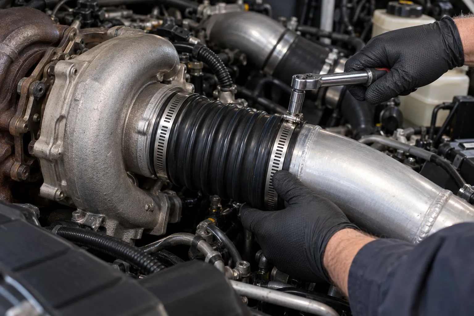How to Replace a Turbocharger Inlet Pipe and Bellows: Step-by-Step 2 Mechanic tightening a new turbo inlet bellows clamp with a compact inch-pound torque wrench
