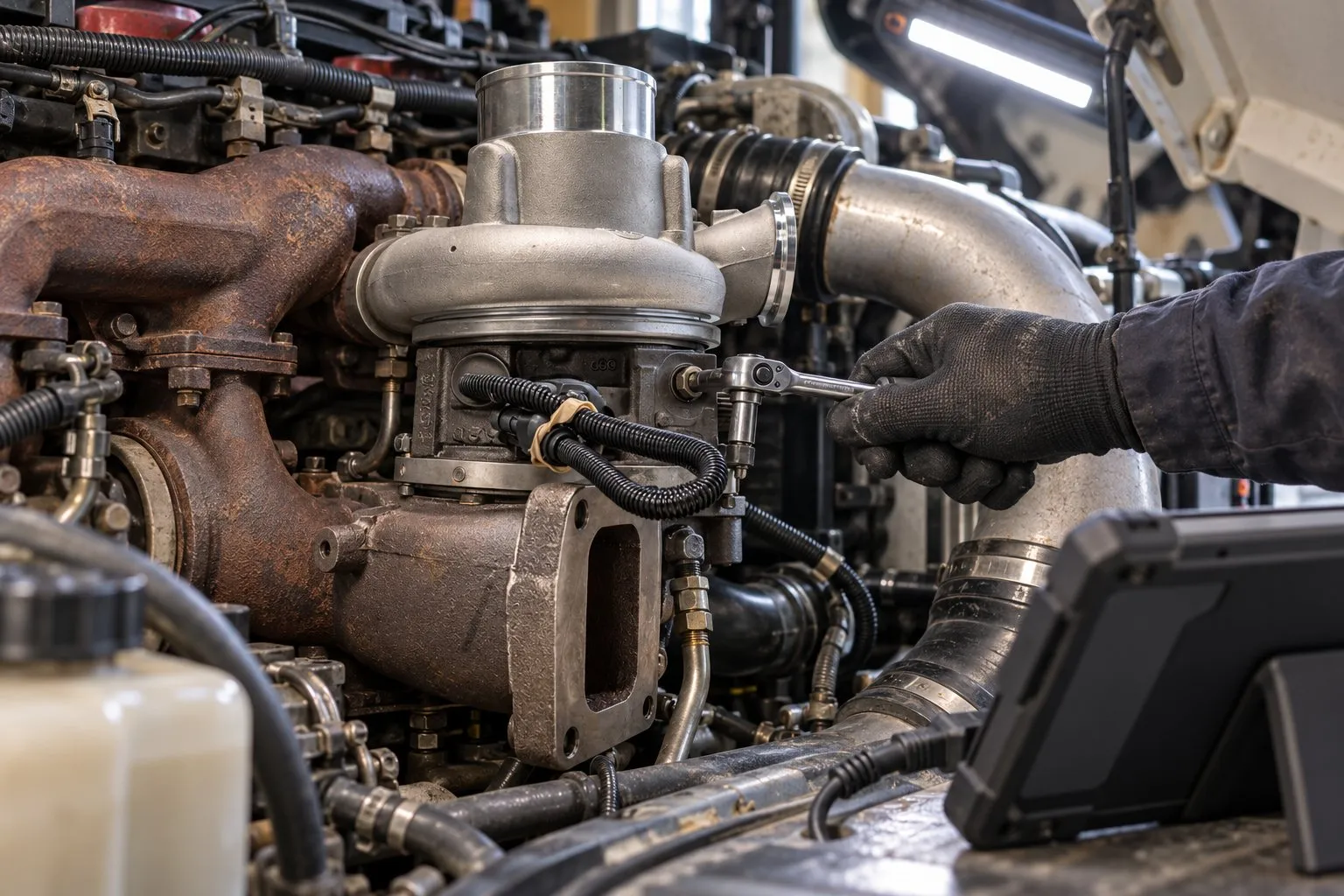 Holset HE431VE VGT Turbo: Cleaning, Actuator Replacement and Rebuild 4 Mechanic tightening an HE431VE actuator mounting bolt on a Cummins ISL-powered truck