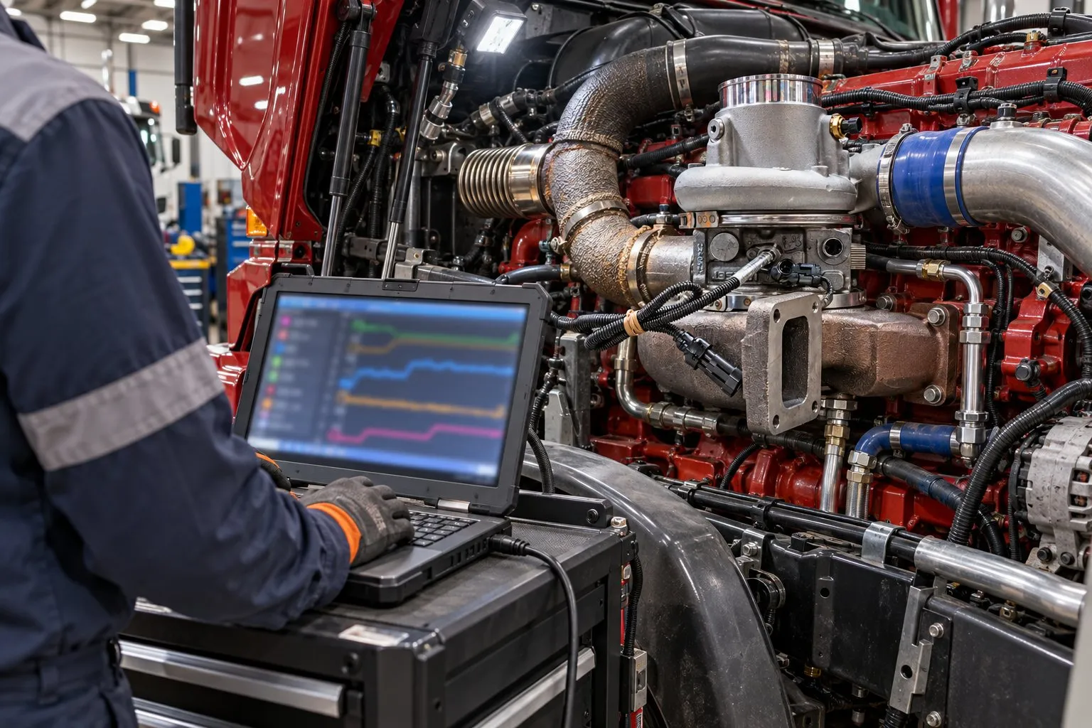 Holset HE451VE Turbocharger: Cummins ISX15 Application Guide 4 Mechanic using a diagnostic laptop beside an ISX15 to verify the installed HE451VE VGT actuator