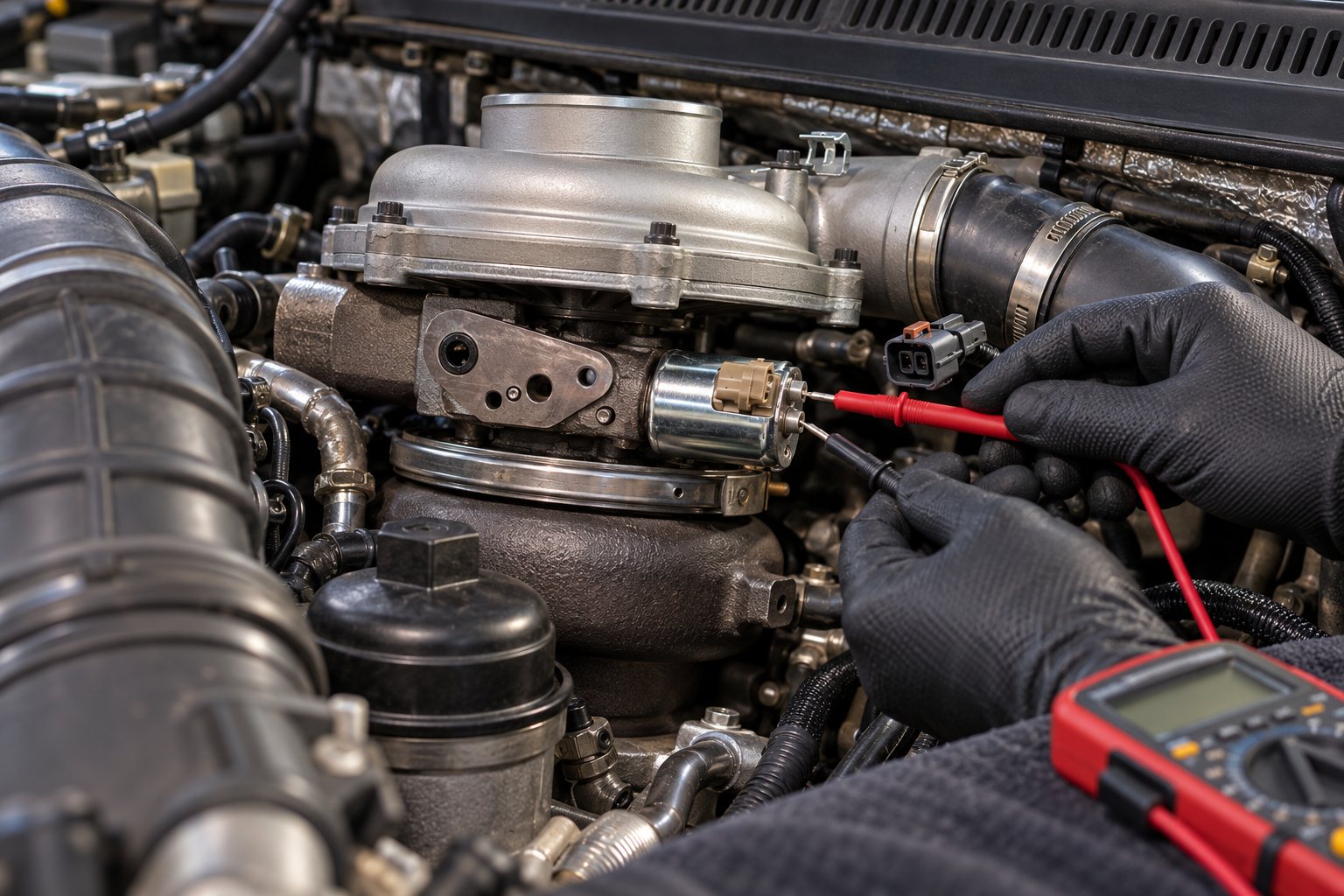 Turbocharger Fault Codes: The Full List of Boost Codes and What They Mean 3 Meter probes checking the disconnected VGT solenoid on a Ford 6.0L GT3782VA turbo