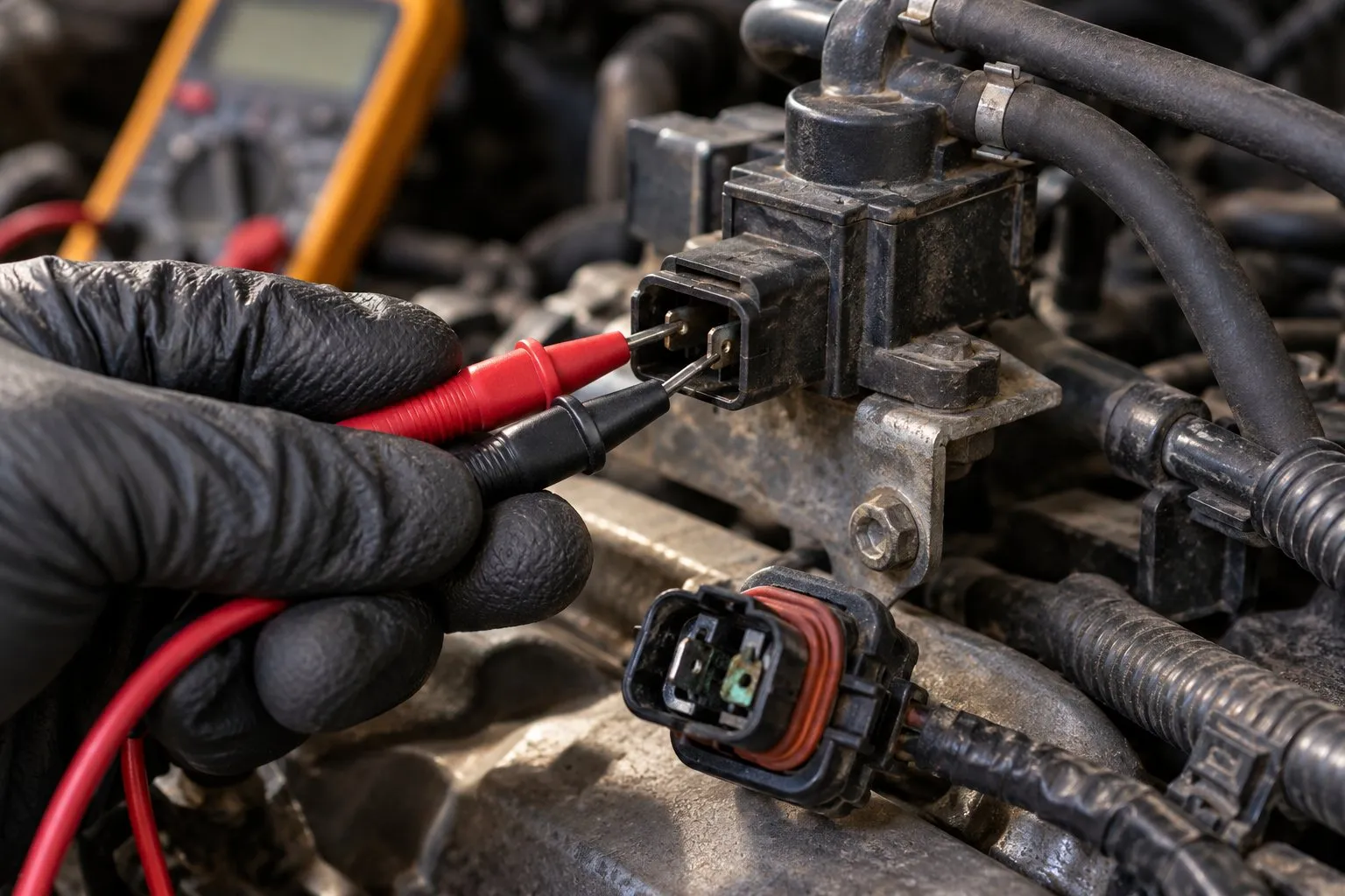 P0045 Turbocharger Boost Control Solenoid Circuit Open: Diagnosis & Fix 1 Meter probes testing a disconnected boost-control solenoid beside a corroded harness connector