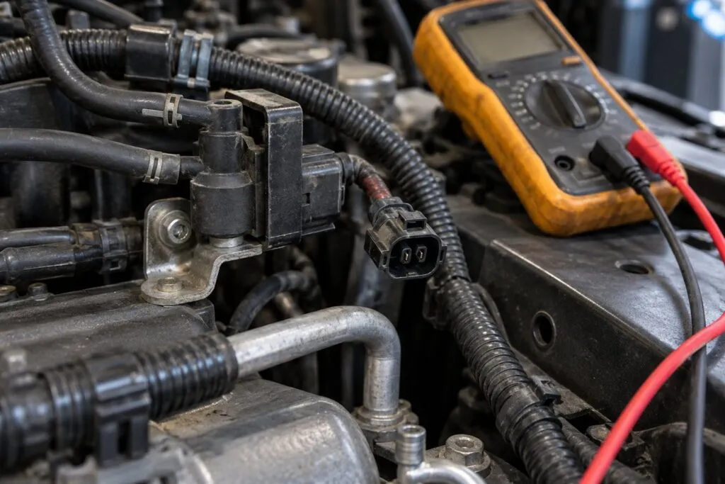 P0045 Turbocharger Boost Control Solenoid Circuit Open: Diagnosis & Fix 10 Multimeter and disconnected boost-control wiring in a diesel engine bay during electrical diagnosis
