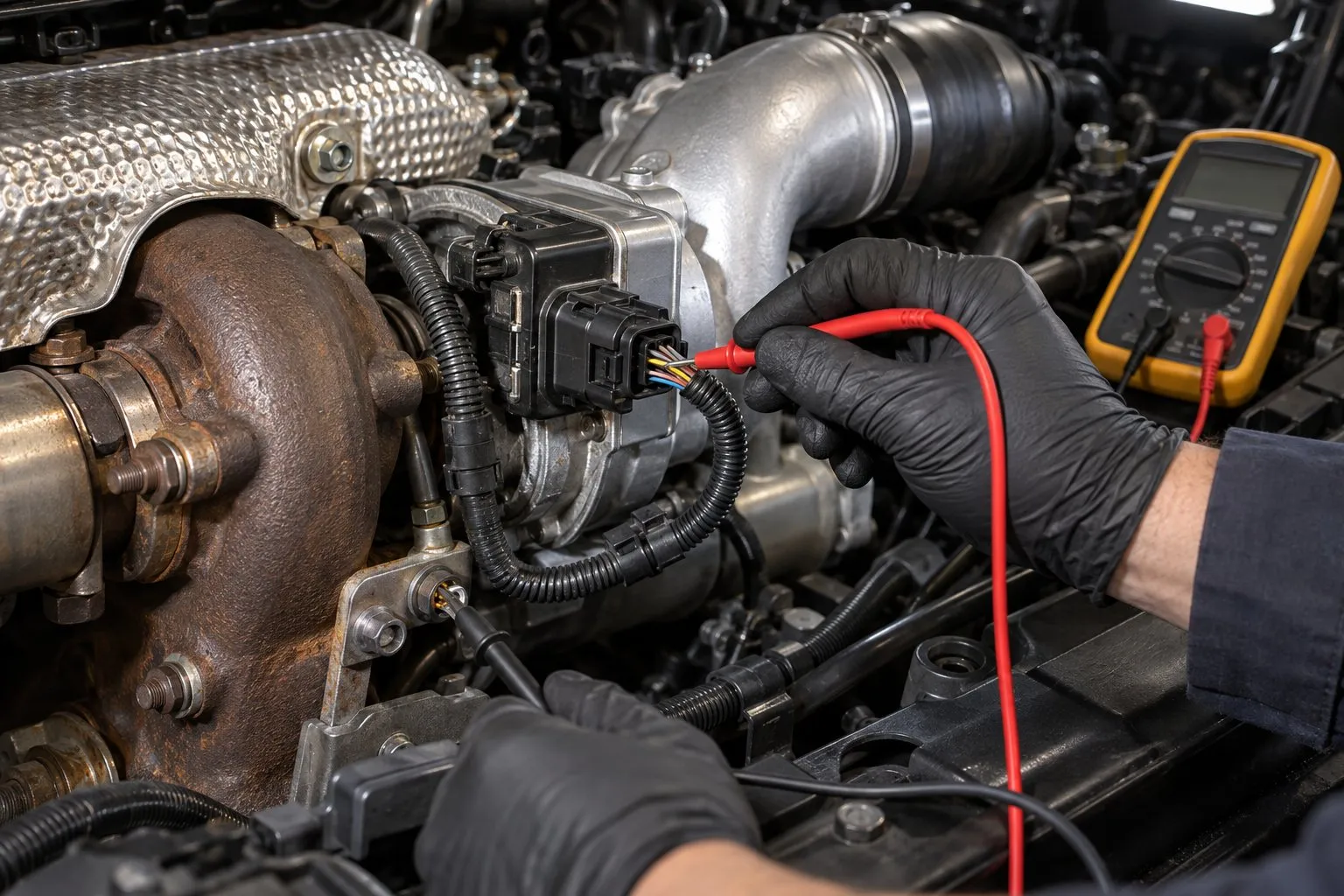 P2564 Turbocharger Boost Control Position Sensor Low: Diagnosis & Replacement 3 Multimeter leads back-probing an installed diesel turbo actuator connector
