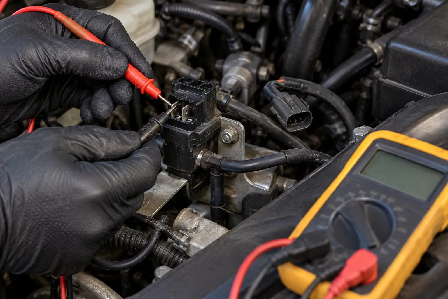 P0243 Turbocharger Wastegate Solenoid A Malfunction: Causes & Repair Guide 3 Multimeter probes testing the two terminals of a disconnected wastegate boost-control solenoid