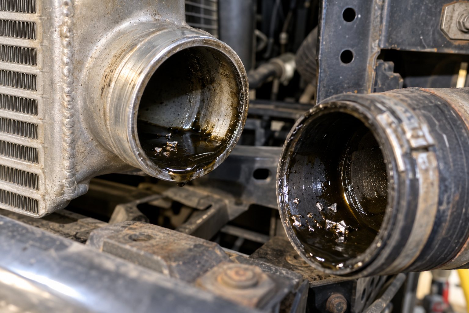 How to Flush an Intercooler After Turbocharger Failure: Preventing Re-Contamination 3 Oil and aluminum flakes inside the disconnected lower intercooler connection on a Cummins-powered Ram