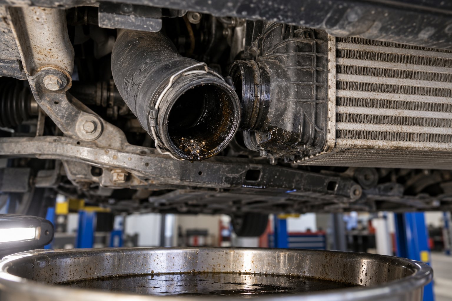 VW TDI 2.0L Turbocharger Guide: Jetta, Golf, Passat & Tiguan Replacement 4 Oil and metallic debris in a disconnected lower intercooler hose on a 2012 Jetta CJAA TDI