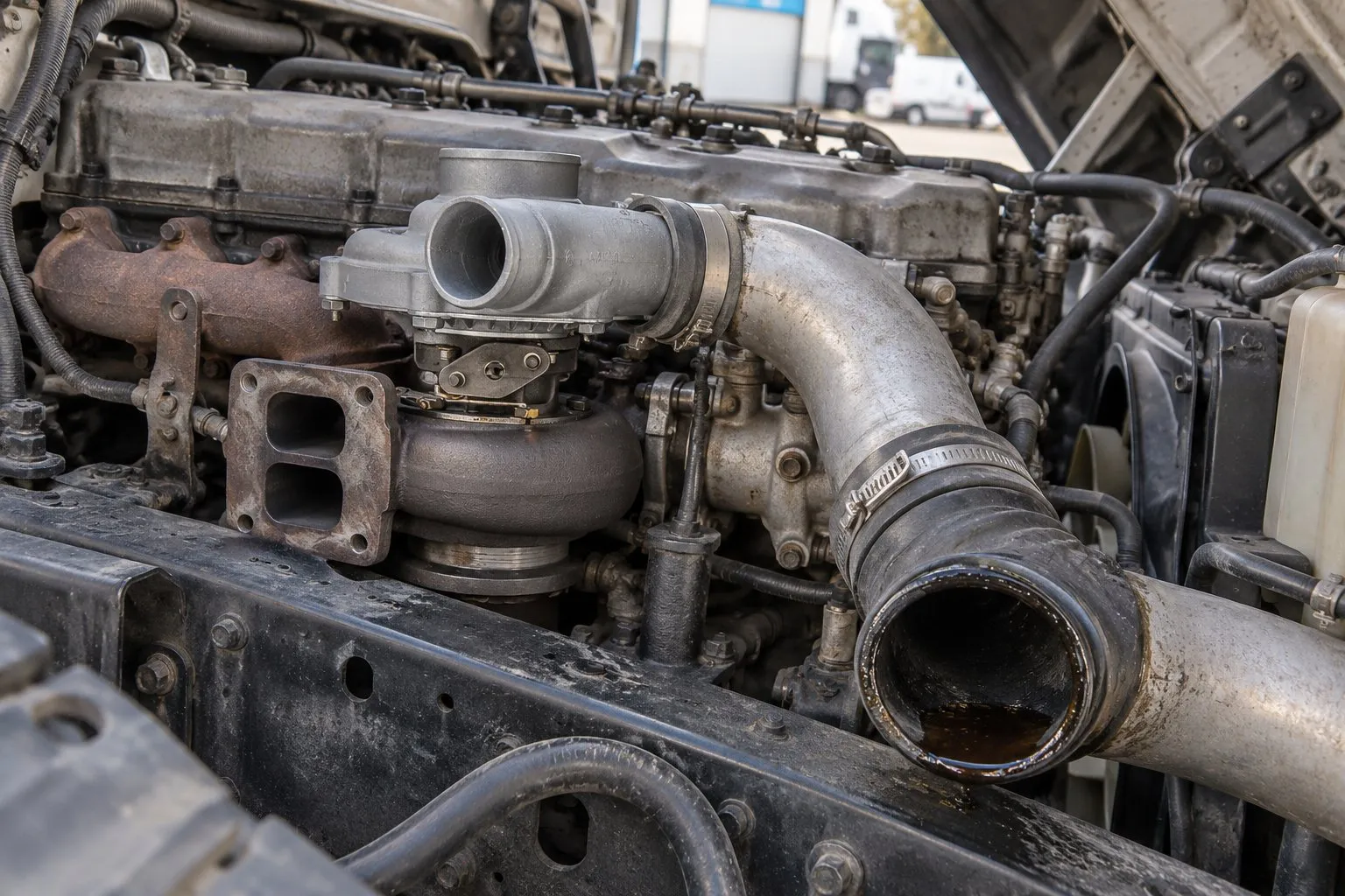 UD/Nissan FE6 Turbocharger Guide: Medium Duty Truck Applications & Replacement 3 Oil pooled inside a disconnected FE6TA charge-air hose beside the installed turbo