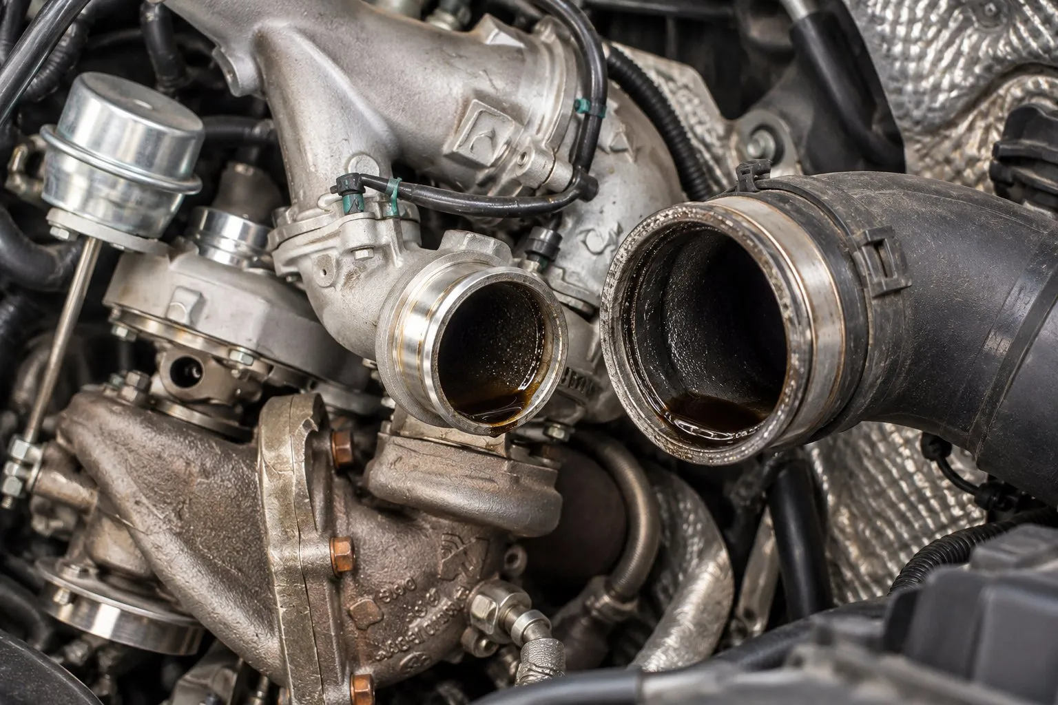 Mercedes OM651 Turbocharger Guide: Sprinter 2.1L CDI Failure Symptoms & Replacement 3 Oil pooling in an opened charge-air connection beside an OM651 Sprinter turbo assembly