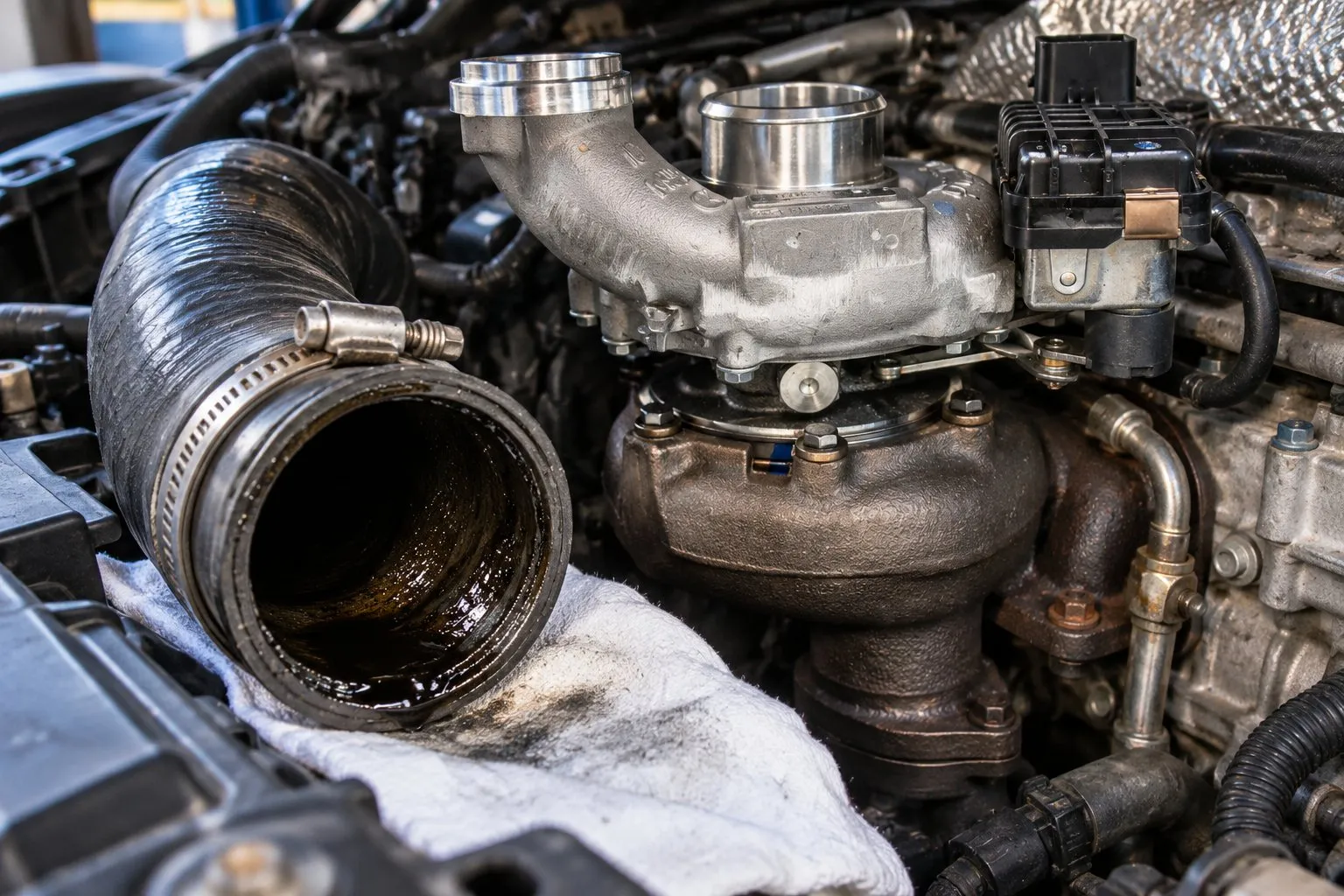 Nissan YD25 2.5L Diesel Turbocharger Guide: Navara & Pathfinder Replacement 2 Oil residue inside a disconnected Navara D40 YD25 intercooler hose beside the installed GT2056V turbo