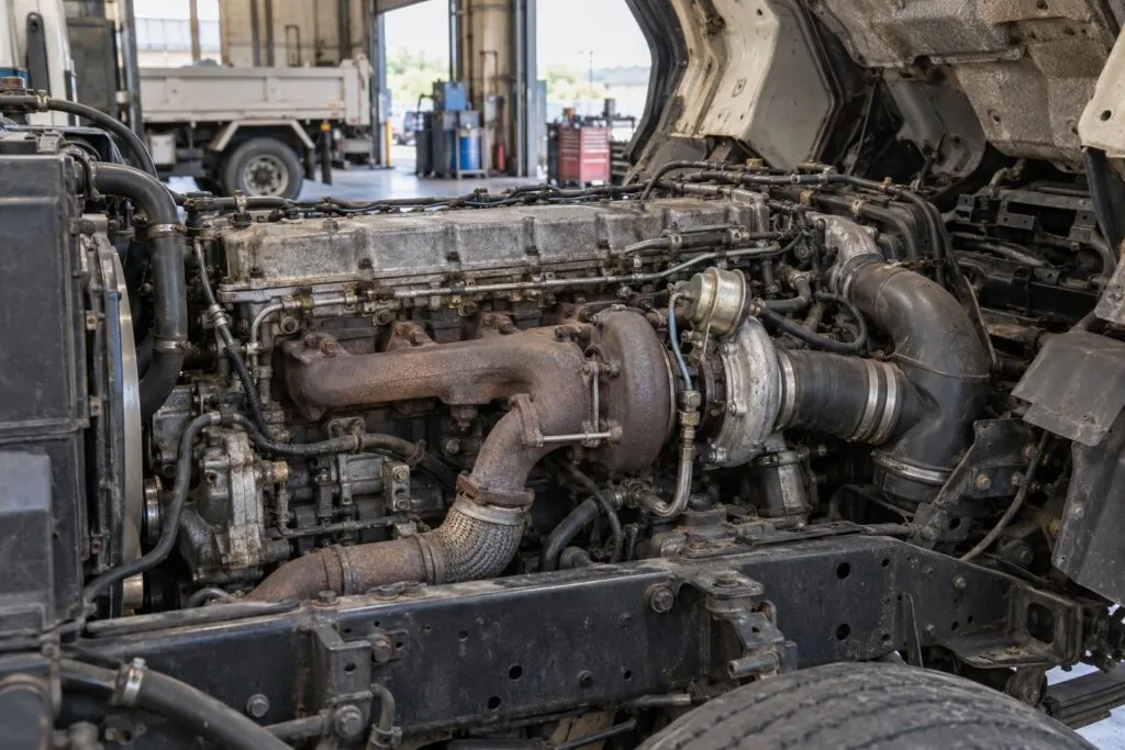Hino J08 Turbocharger Guide: Medium Duty Truck Replacement & Common Failures 8 Older Hino GD with cab tilted forward, exposing the J08C engine and manifold-mounted wastegated turbo