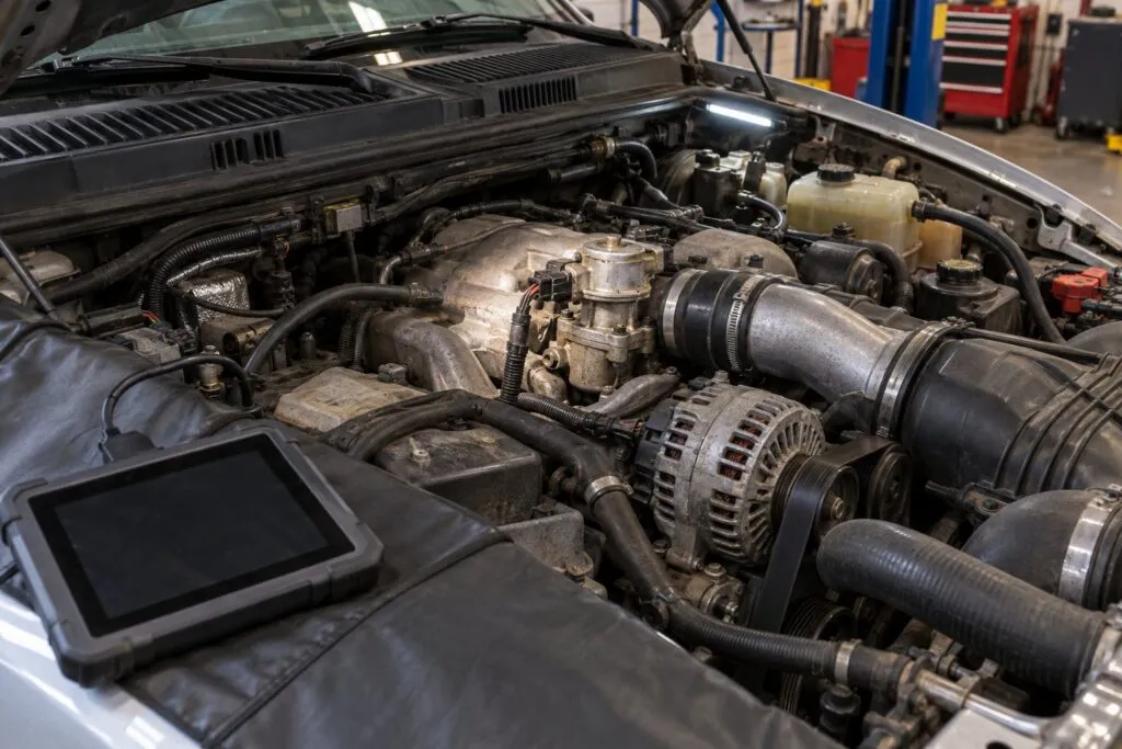 P0401 EGR Insufficient Flow: How It Leads to Turbocharger Damage if Ignored 21 Open 6.0L Power Stroke engine bay with diagnostic equipment connected beside the EGR valve