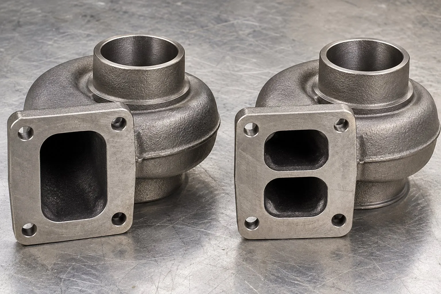 Garrett T4 Turbocharger: Flange Specs, Applications & Replacement Reference 1 Open and divided T4 turbine housing inlets side by side with matching four-hole mounting patterns