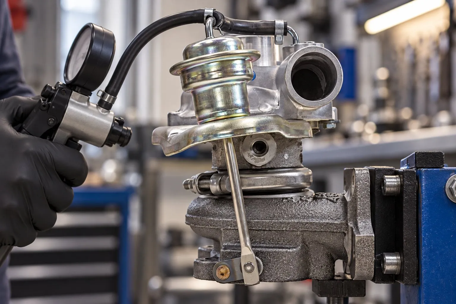 IHI RHF4 Turbocharger: Light Commercial & Marine Diesel Applications 3 Pneumatic RHF4 wastegate actuator connected to a hand pressure pump for a diaphragm and linkage test