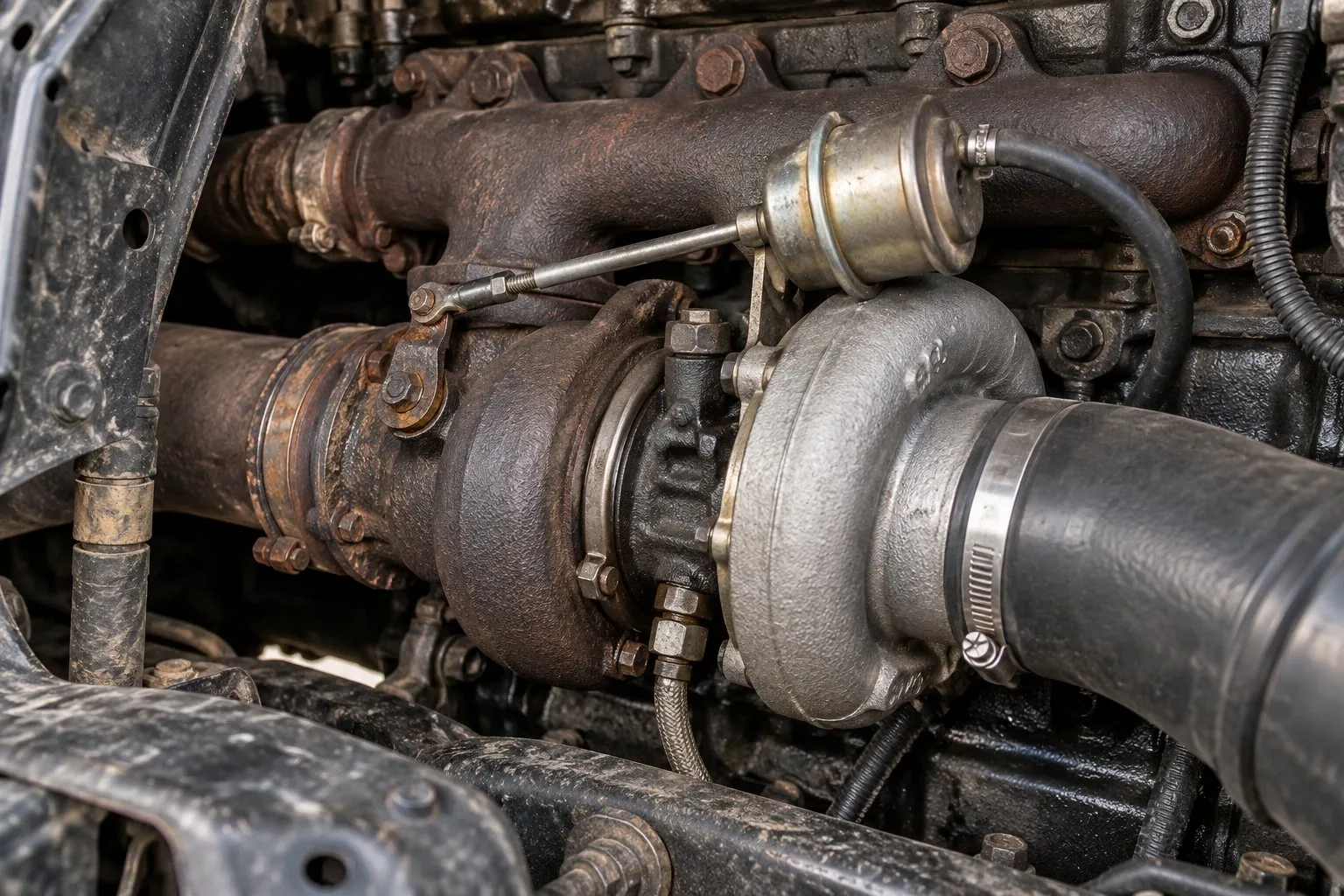 5.9L vs 6.7L Cummins Turbocharger Comparison: Which Is More Reliable? 1 Pneumatic wastegate canister and linkage on an installed 2001 Dodge Ram 5.9L Cummins HX35W