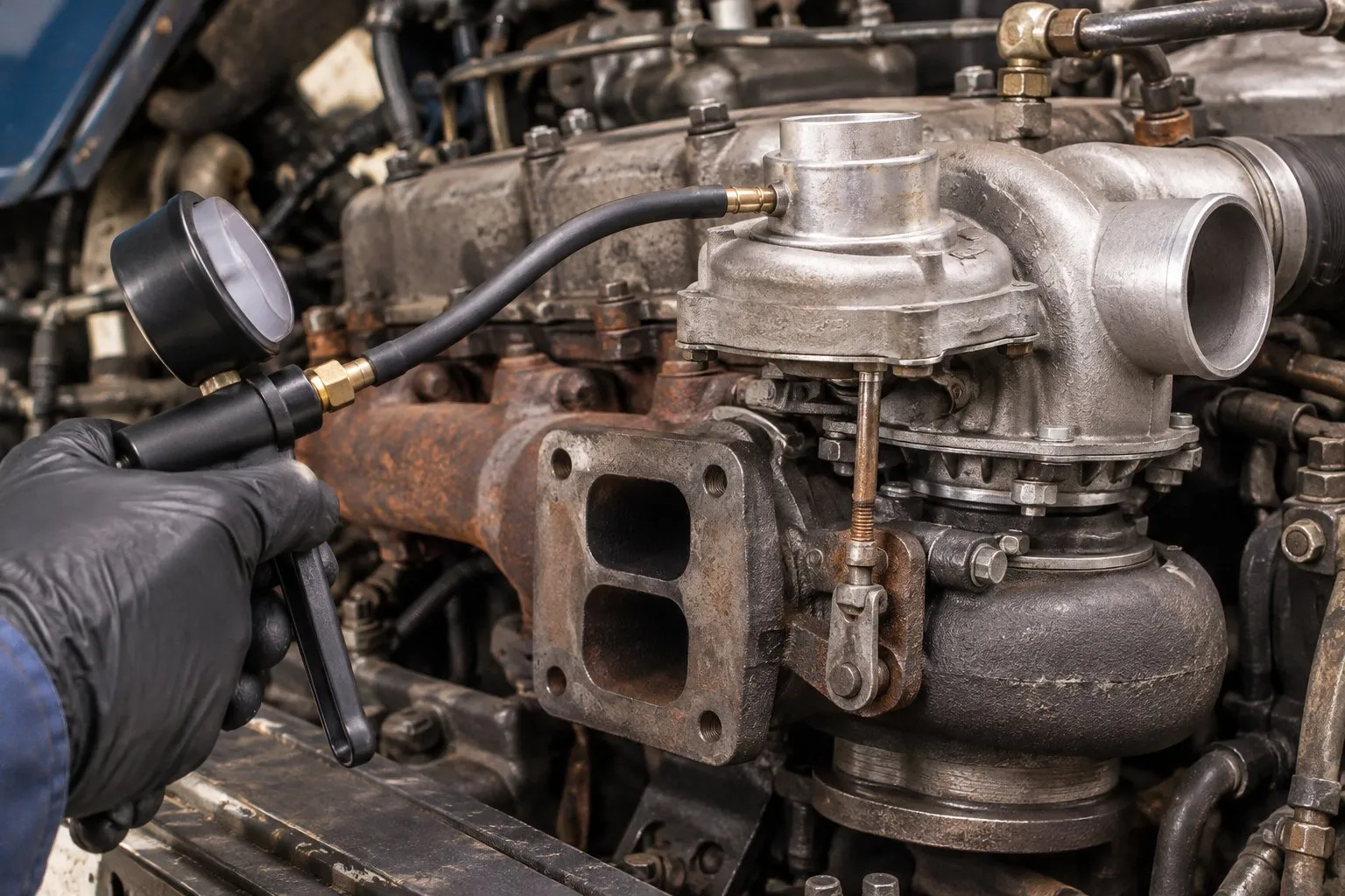 UD/Nissan FE6 Turbocharger Guide: Medium Duty Truck Applications & Replacement 4 Pressure hand pump connected to the pneumatic wastegate actuator on an installed FE6T turbo