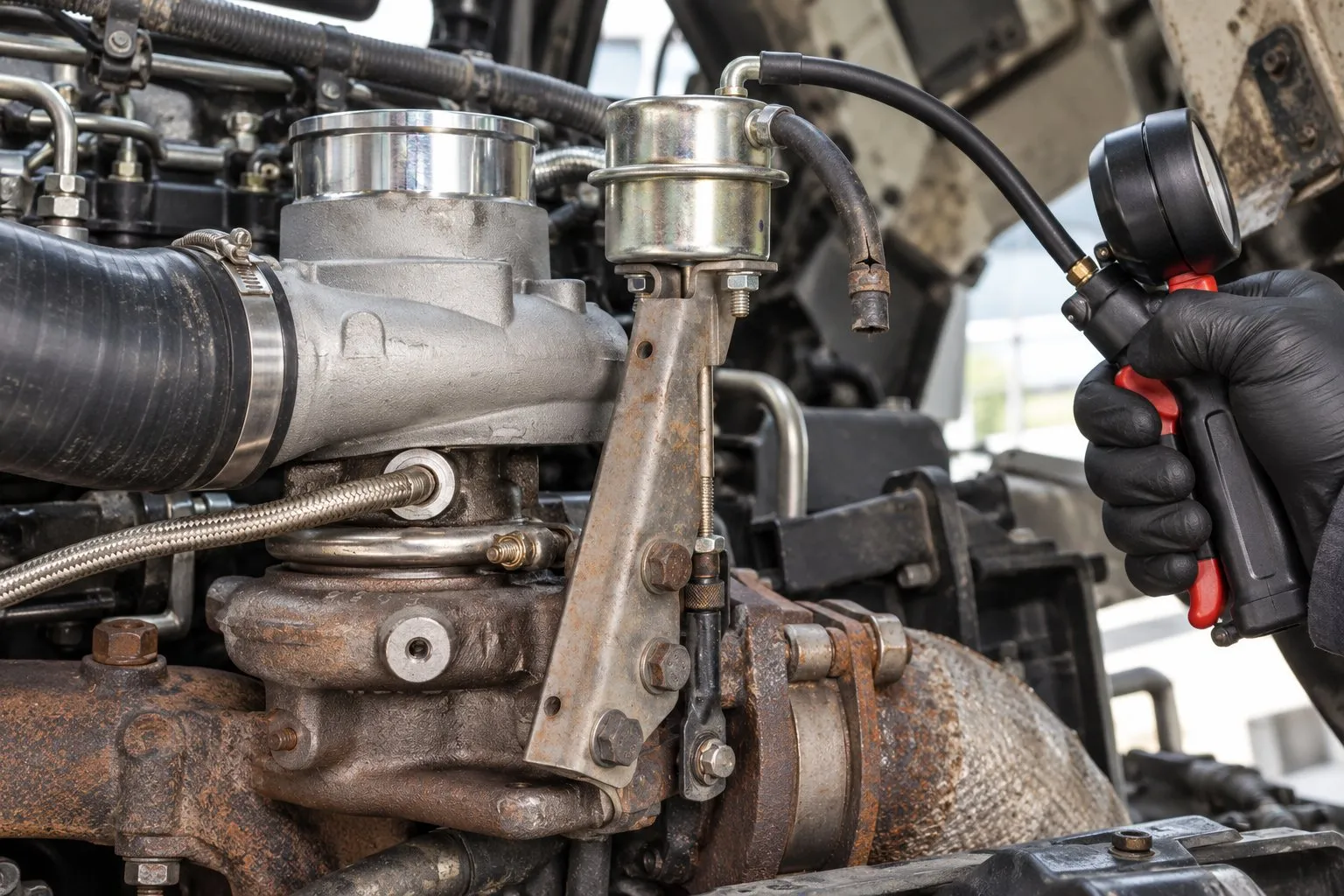 Holset HE200WG Turbocharger: Cummins ISF & Light Commercial Engine Guide 3 Pressure pump connected to an installed HE200WG wastegate actuator for a linkage travel check