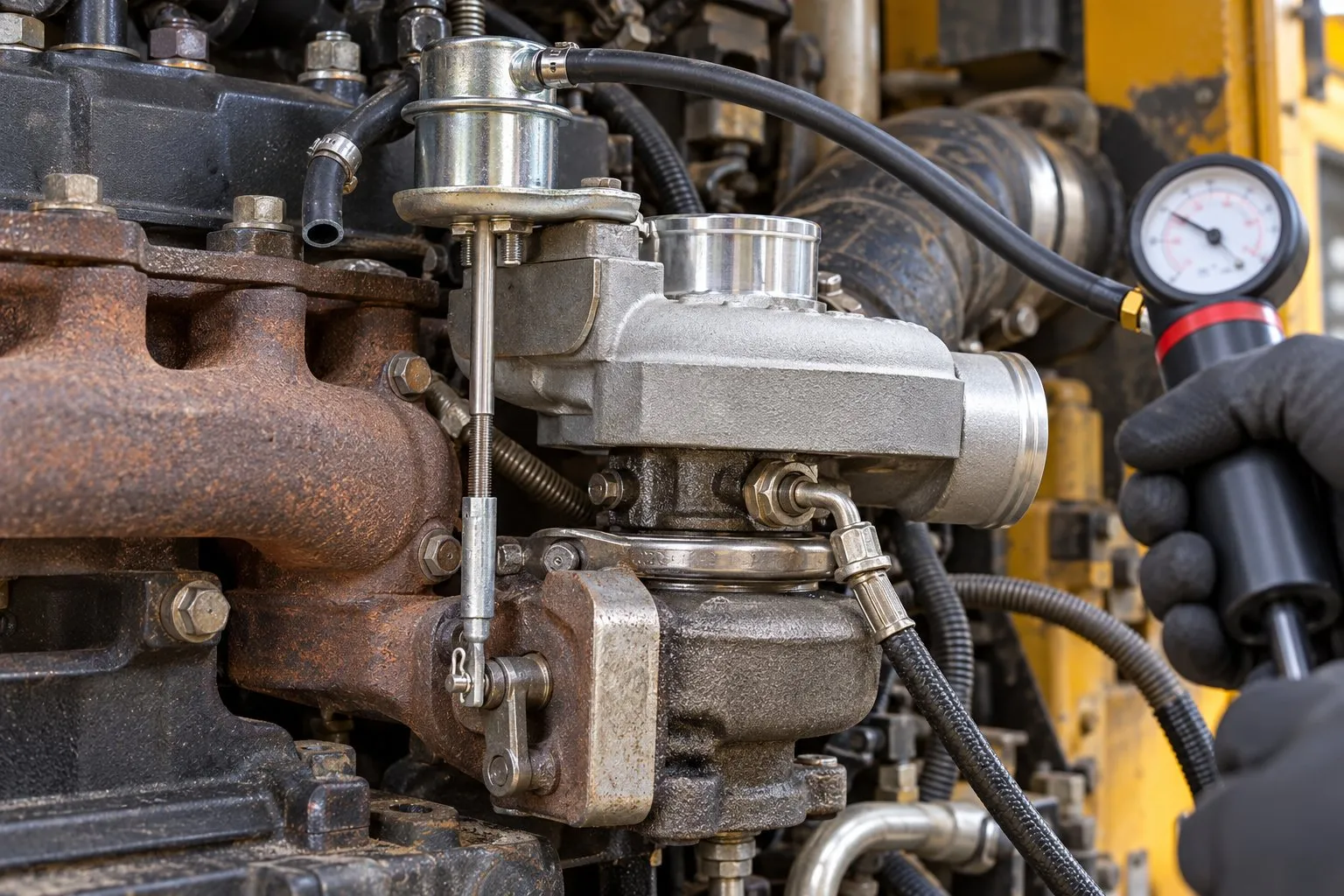 Holset HE221W Turbocharger: Cummins 4-Cylinder ISB, ISBe & QSB4.5 Application Guide 1 Pressure pump connected to the HE221W wastegate actuator with its rod and turbine lever visible