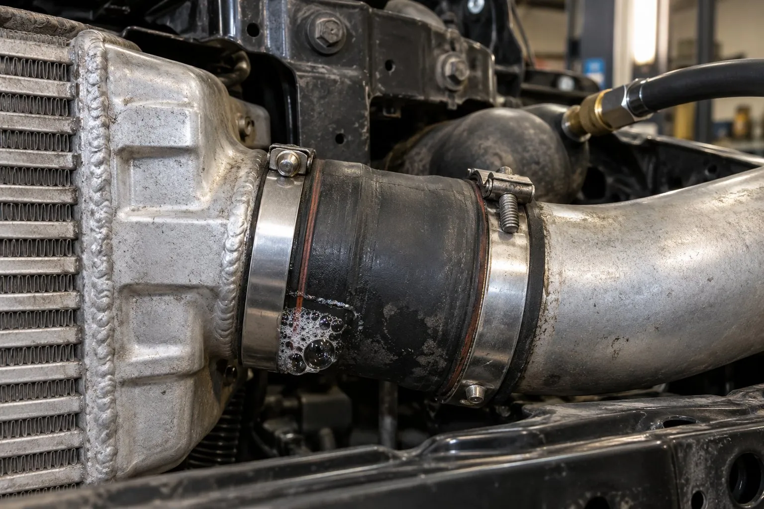 Excessive Turbo Lag on a Diesel: Causes, Diagnosis & Whether to Repair or Replace 1 Pressure test revealing bubbles at a split diesel charge-air boot