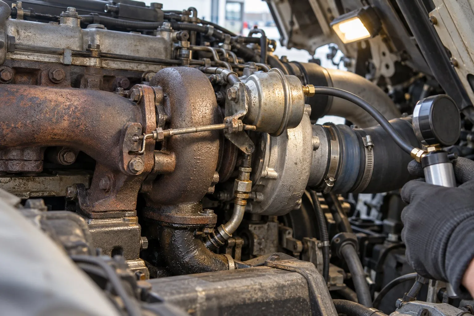 Hino J08 Turbocharger Guide: Medium Duty Truck Replacement & Common Failures 1 Pressure testing the pneumatic wastegate actuator on an installed Hino J08C turbo