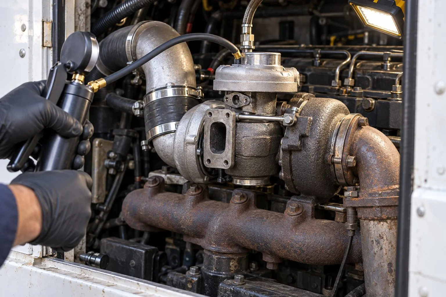 Holset HX30 Turbocharger: Small Block Cummins B-Series Application Guide 4 Pressure-testing the pneumatic wastegate actuator on an installed Holset HX30 in a Cummins 4BT step van