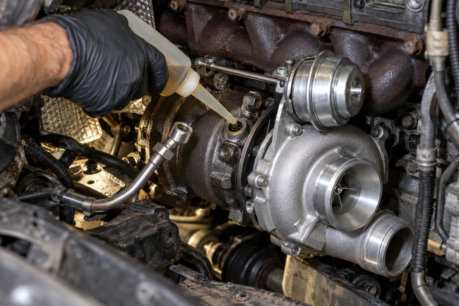 BMW M57 Turbocharger Guide: E46, E39 & E53 330d and 530d Replacement 4 Priming the installed GT2556V turbo oil inlet during BMW E39 530d M57 replacement