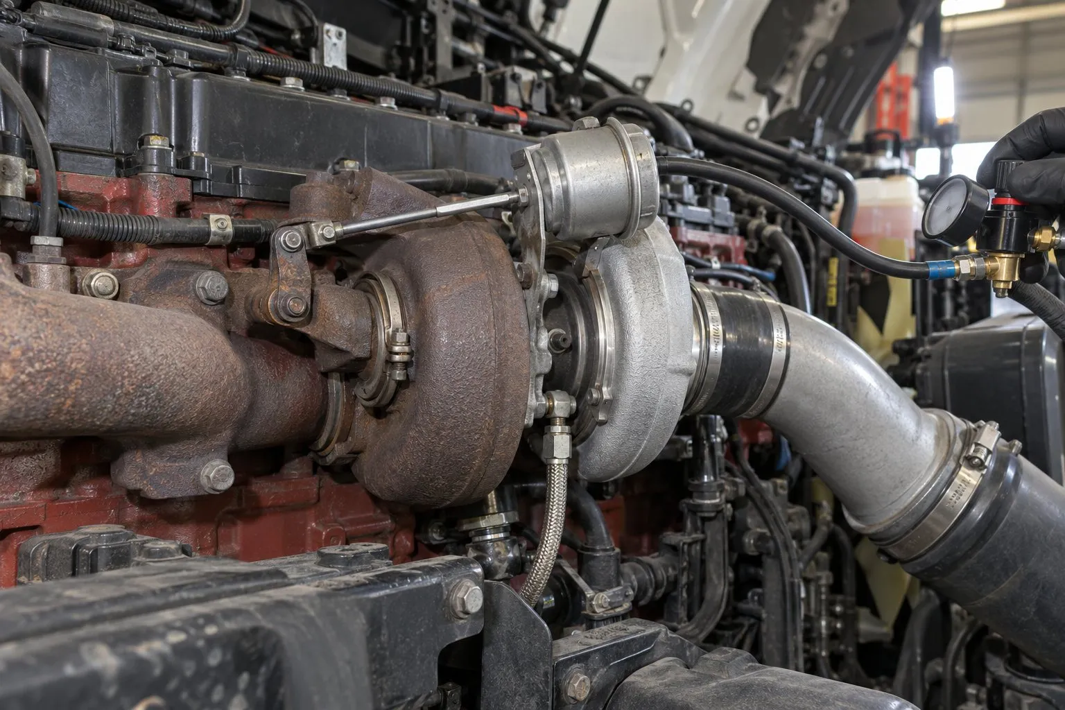 Holset HE400WG Turbocharger: Wastegate Application Guide for Cummins ISLe, Volvo/Mack & DAF Engines 4 Regulated air connected to an installed HE400WG actuator to check wastegate rod travel on a Cummins ISL.