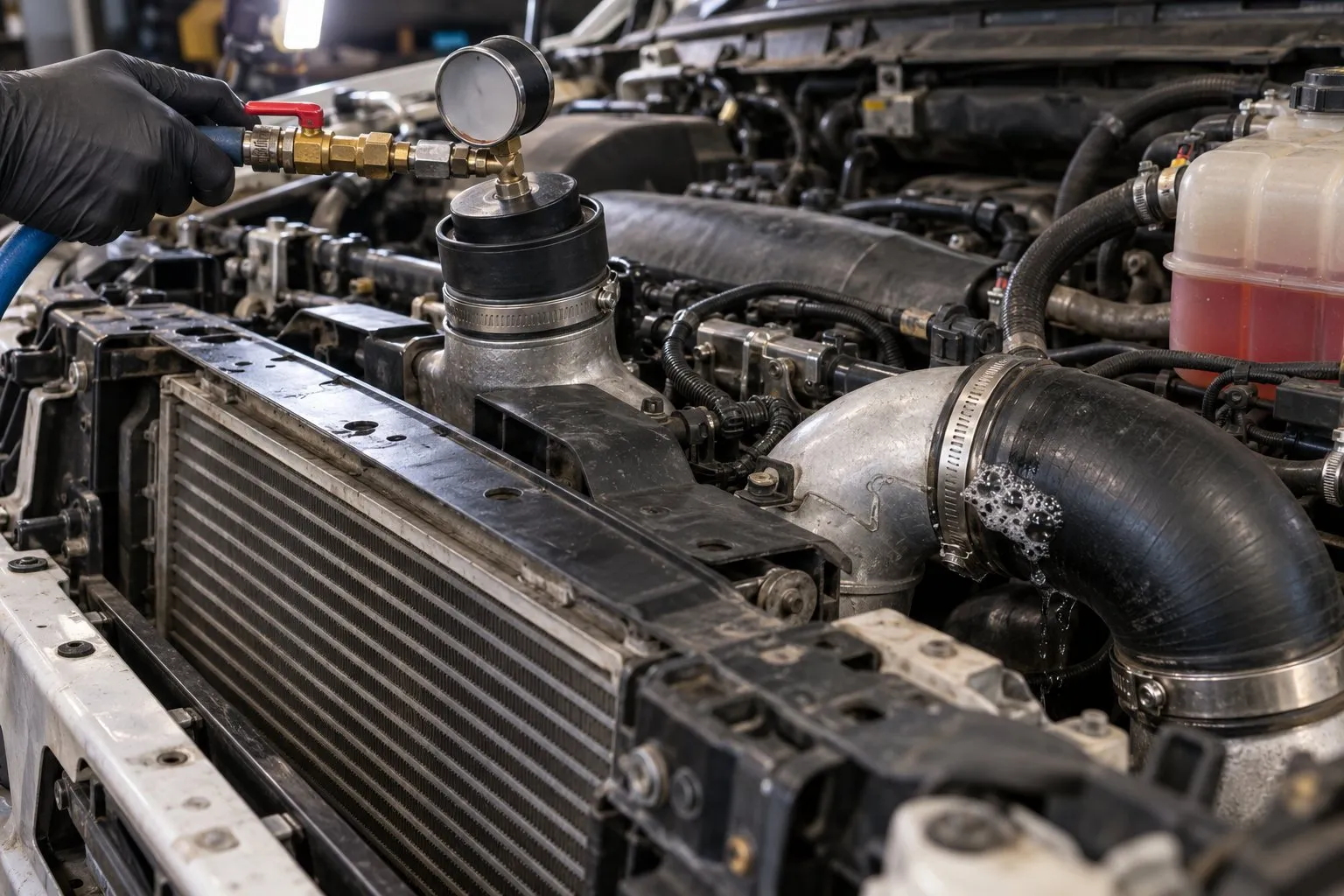 P0101 Mass Air Flow Sensor Code and Turbocharger: Understanding the Connection 3 Regulated boost-leak tester connected to charge piping beside a leaking intercooler boot