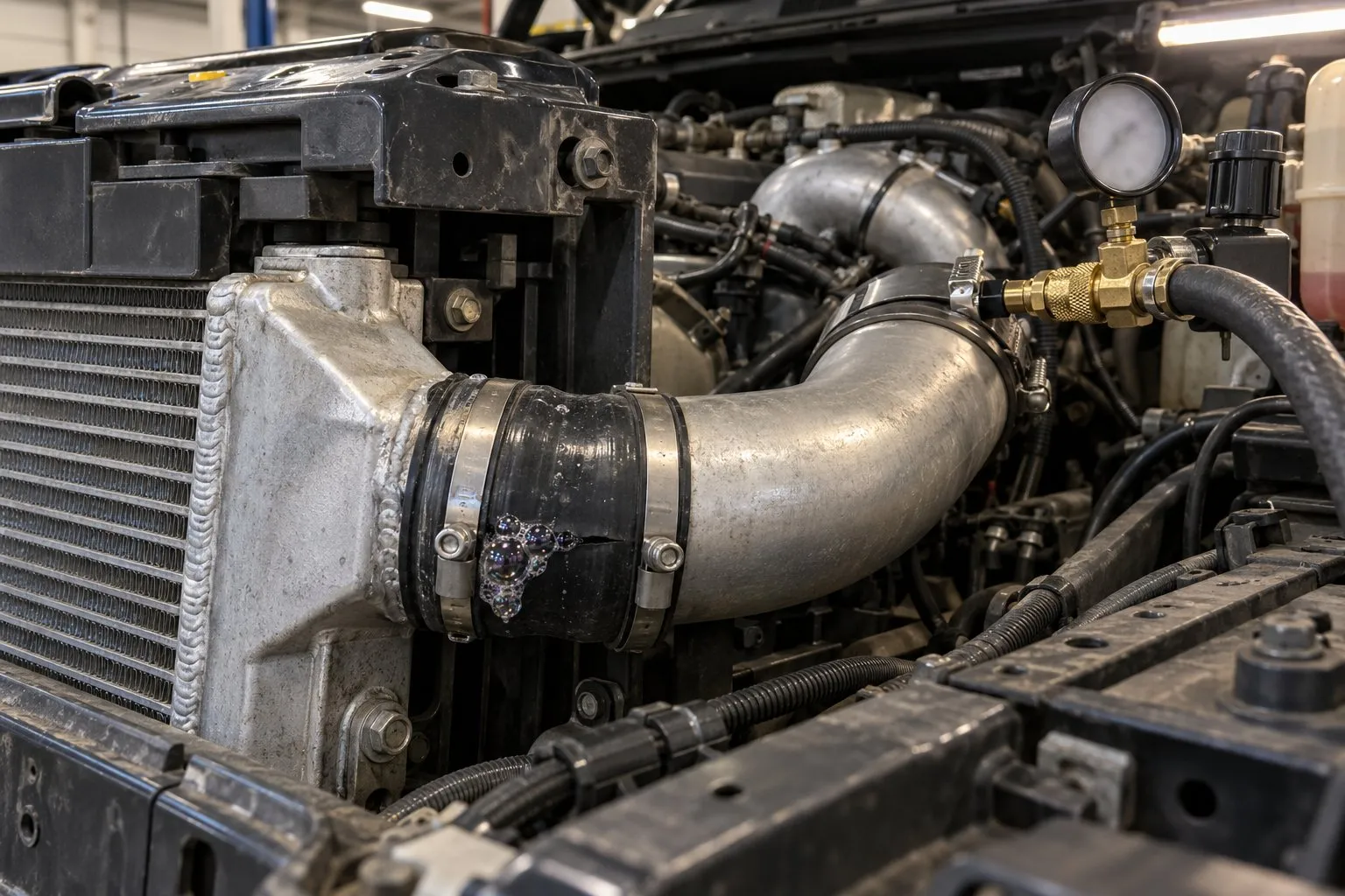 Boost Pressure Drops at Highway Speed: Diagnosing Intermittent Turbo Problems 1 Regulated charge-air pressure test reveals a leaking intercooler boot on a 2006 LBZ Duramax Silverado
