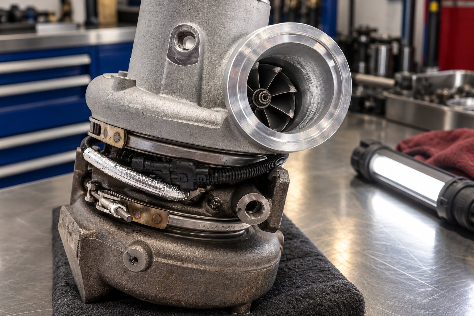 Fleet Turbocharger Pricing: How Commercial Operators Can Reduce Per-Unit Cost 3 Removed HE351VE turbo showing compressor blade damage and housing rub marks during a rebuild assessment