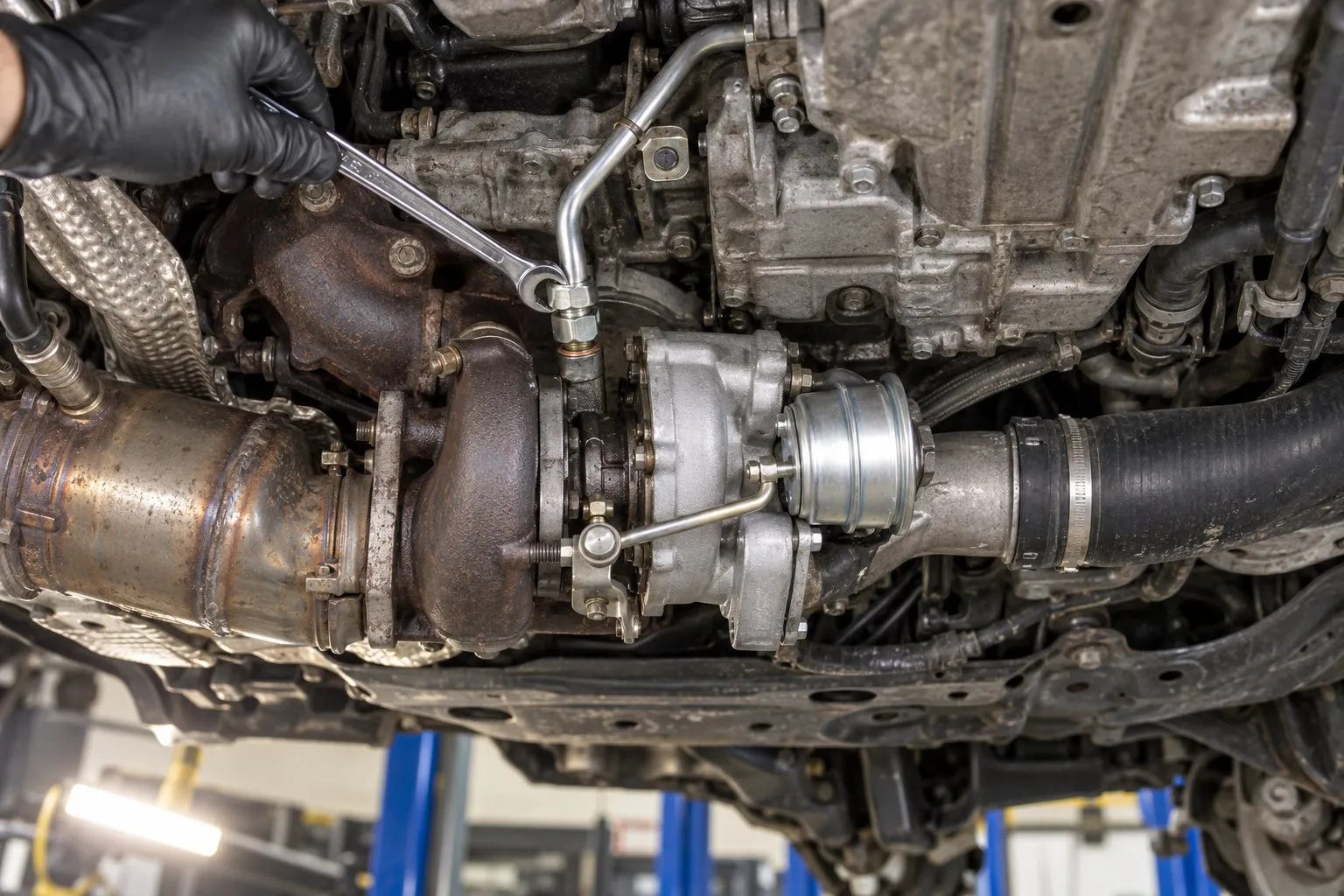 Subaru EE20 2.0L Diesel Turbocharger Guide: Outback & Forester Applications 2 Replacement oil feed pipe being fitted to the low-mounted turbo on a Subaru EE20 diesel