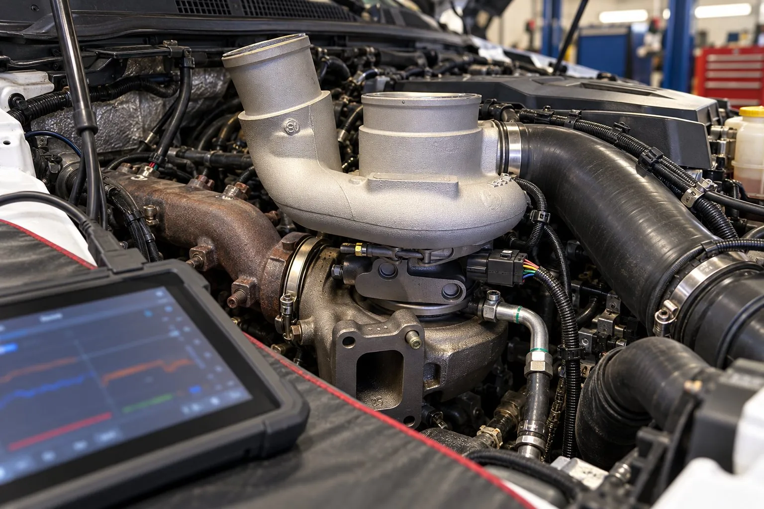 6.7L Cummins Low Power: Turbocharger vs Fuel System Diagnosis Guide 2 Scan-tool actuator test beside the installed HE300VG turbo in a 2016 Ram 3500