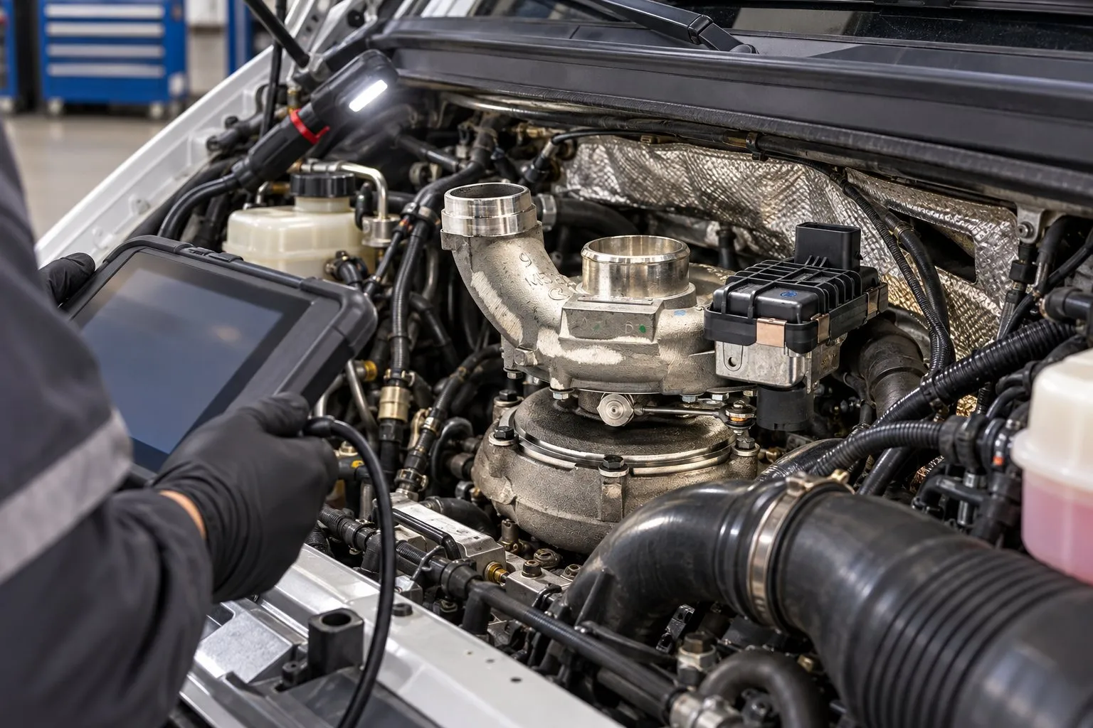 Mercedes Sprinter Turbocharger Replacement Guide: 2.1L & 3.0L CDI Applications by Year 1 Scan tool connected to a Sprinter while a mechanic checks the OM642 turbo actuator