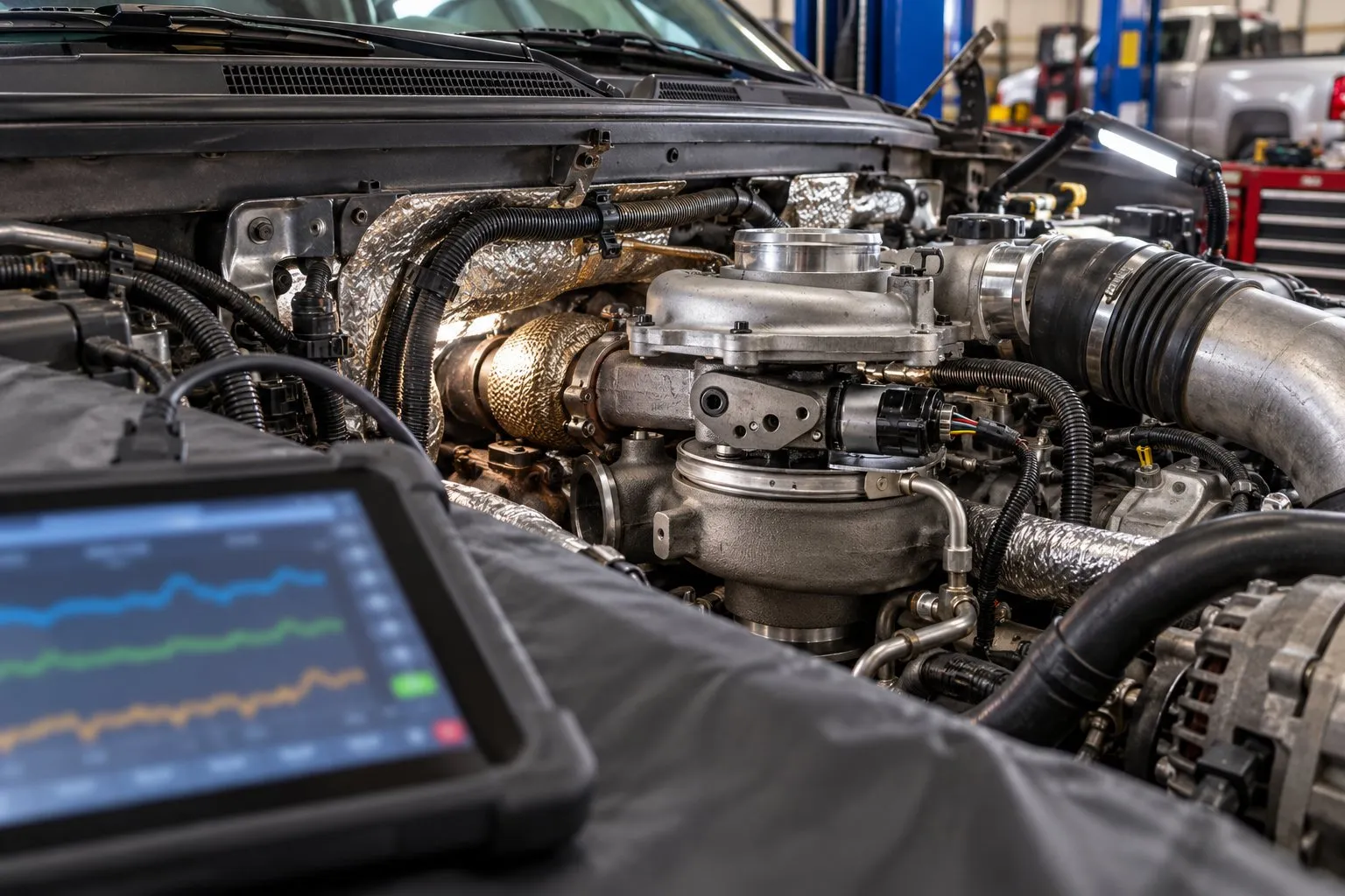 Garrett GT3788VA Turbocharger: Duramax LML Variable Geometry Guide 2 Scan tool connected to an LML Silverado during an installed GT3788VA vane-control test