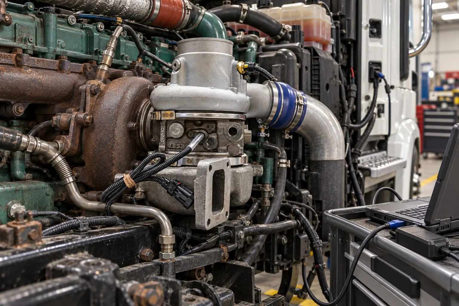 Mack Pinnacle Turbocharger Guide: MP8 Highway Tractor Applications by Year 1 Service diagnostic equipment connected beside the electronic actuator on an installed MP8 turbo