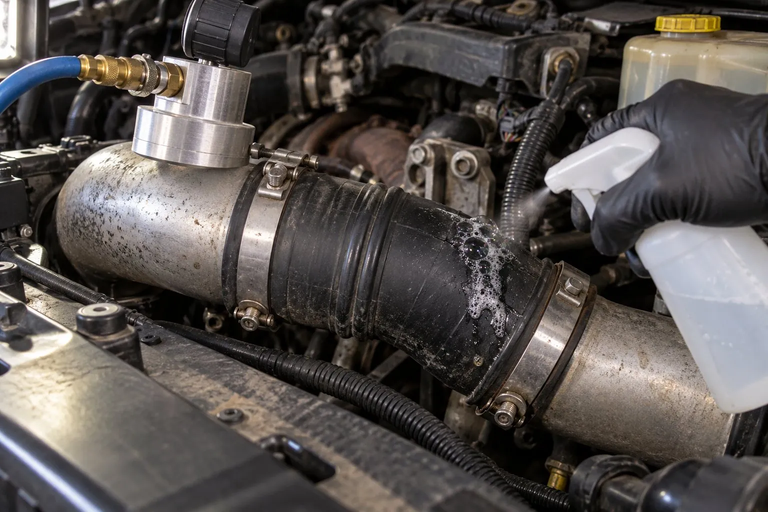 P2263 Turbo Boost System Performance Code: Full Diagnosis for Diesel Engines 3 Shop-air charge-system leak test revealing bubbles at a split intercooler hose on a 6.7L Cummins Ram