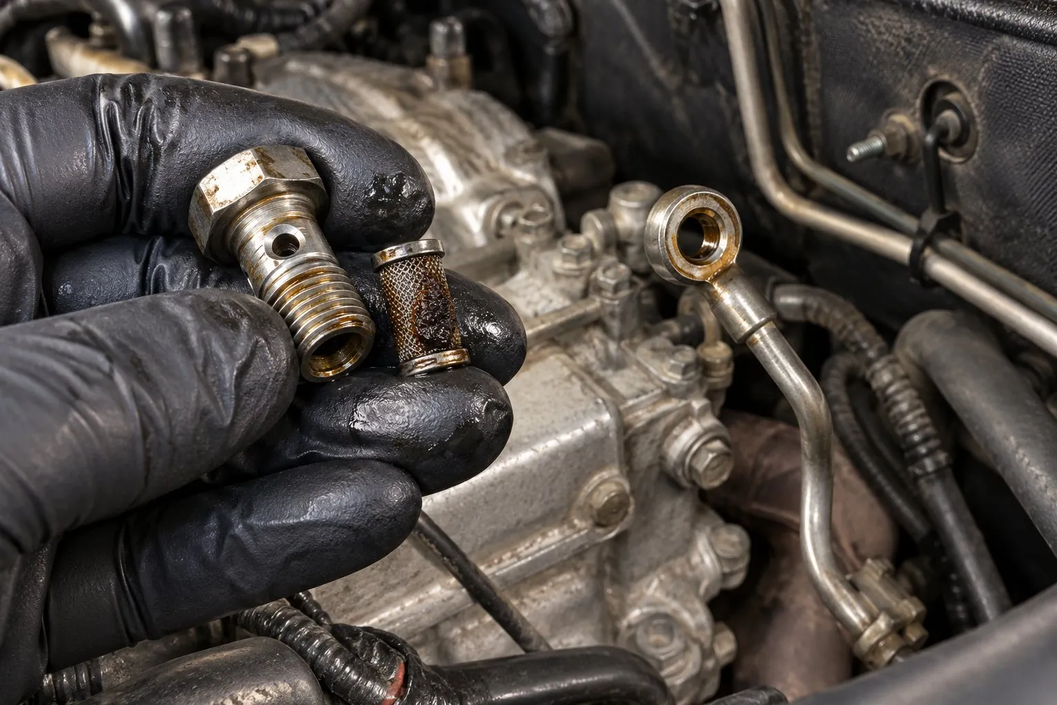 IHI VF40 Turbocharger: Subaru Legacy GT & Outback XT Application Guide 3 Sludge-clogged turbo oil-feed banjo screen held beside the EJ255 rear-right cylinder head