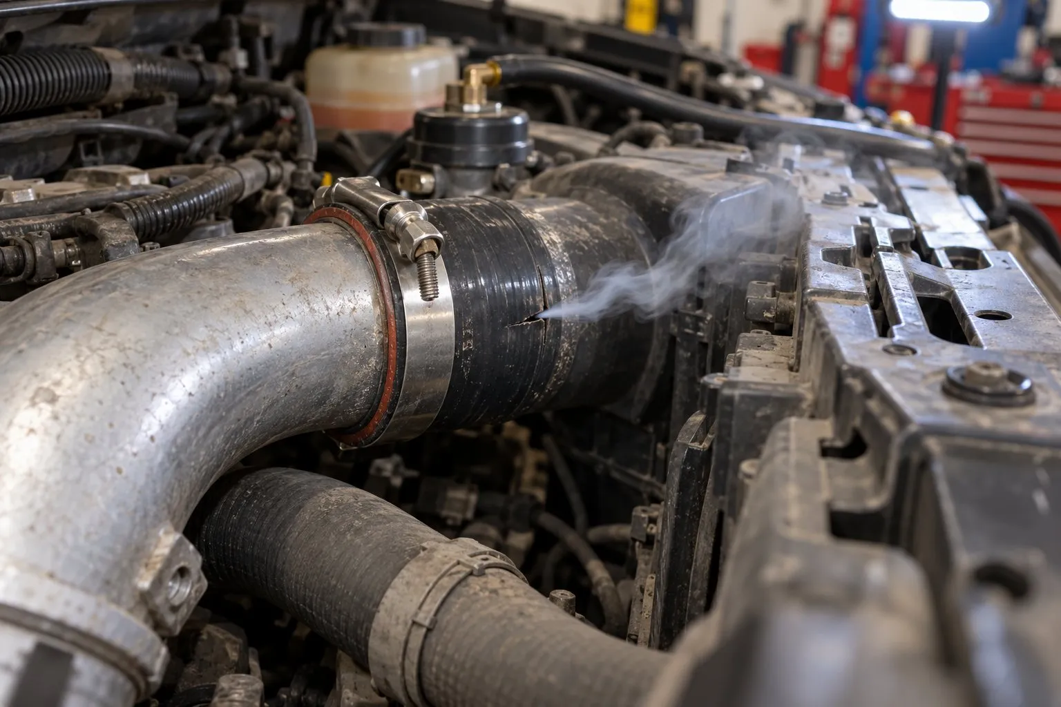 Diesel Turbo Lag: What Causes It and What Actually Fixes It 1 Smoke escaping from a leaking intercooler pipe connection during a diesel truck boost leak test