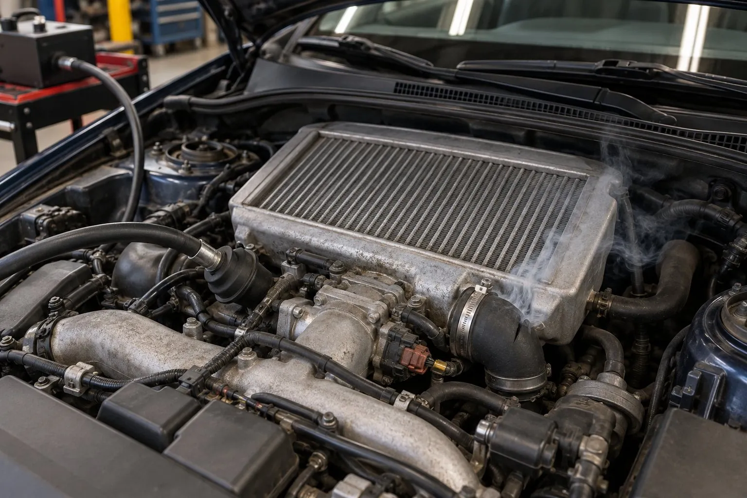 IHI VF40 Turbocharger: Subaru Legacy GT & Outback XT Application Guide 4 Smoke test revealing a leak at the top-mount intercooler outlet coupler on a Subaru Legacy GT EJ255