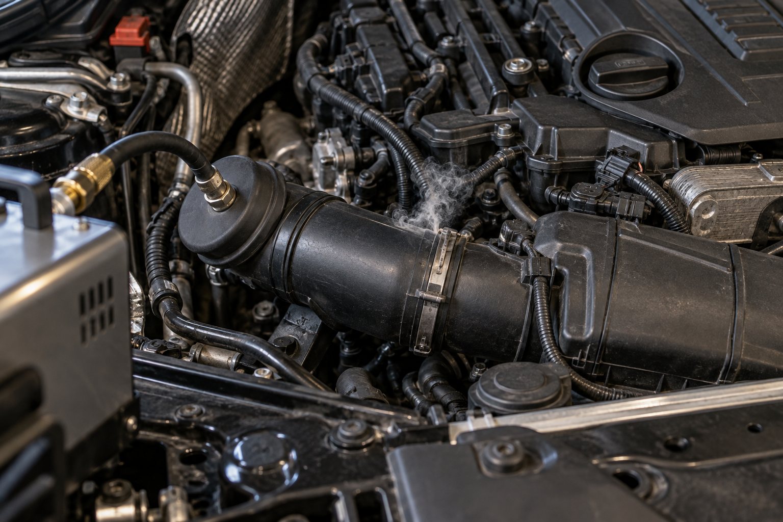 BMW B57 Turbocharger Guide: 530d, 730d & X5 40d Single, Twin and Quad Turbo Explained 4 Smoke testing a charge-air pipe connection on a pre-update BMW G30 530d B57 diesel