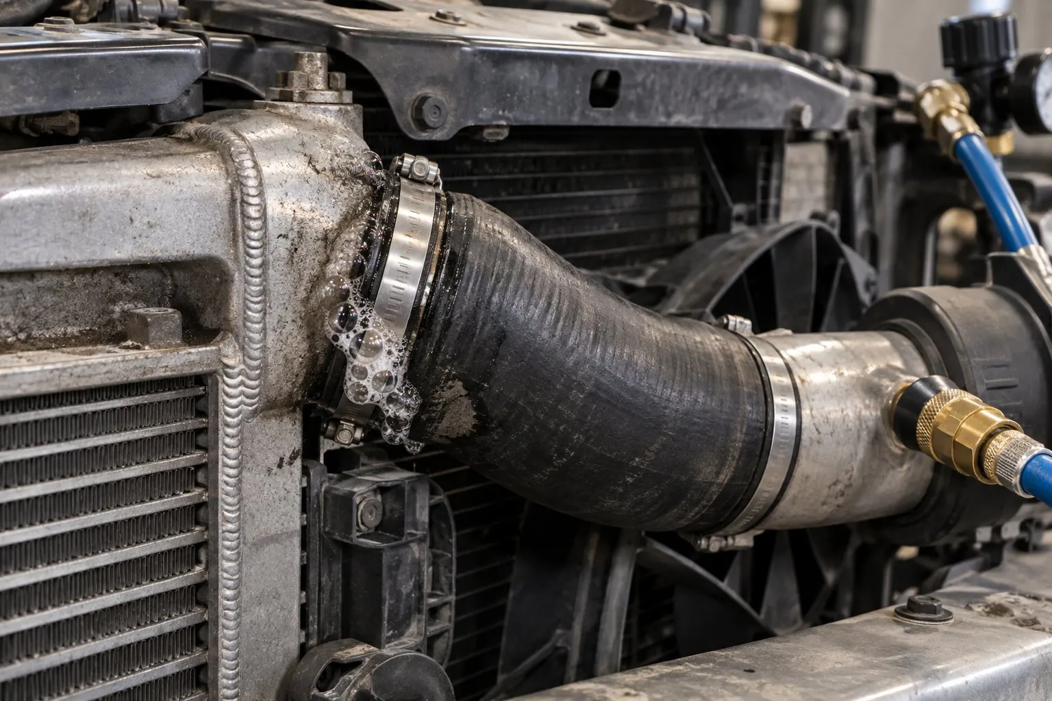 Black Smoke and Turbocharger Failure: How to Tell If the Turbo Is the Cause 1 Soap bubbles reveal a leaking intercooler hose connection during a regulated boost-leak test