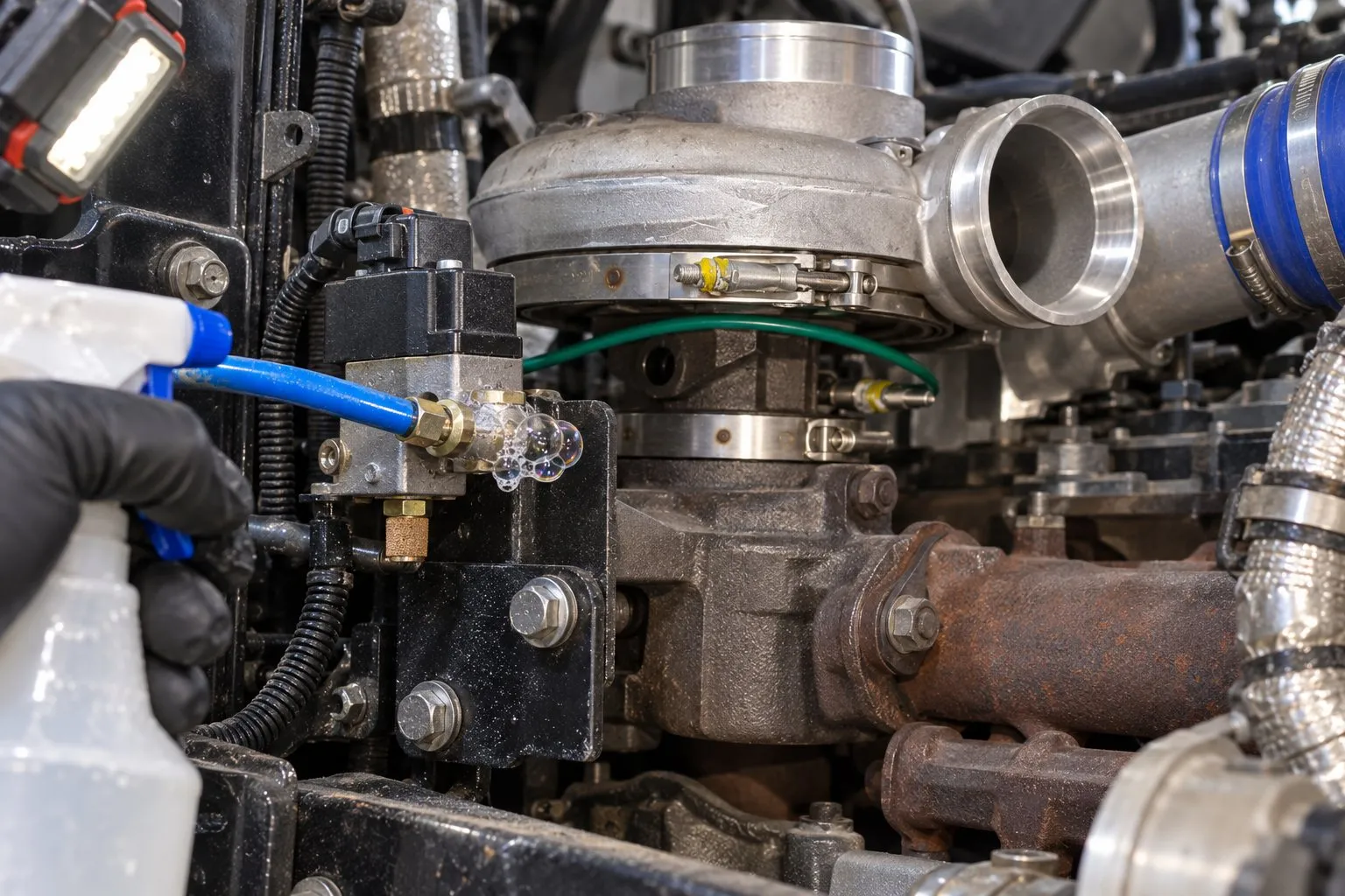 Freightliner 114SD & 122SD Vocational Turbocharger Guide: DD13 & DD15 Applications 2 Soap bubbles reveal an air leak at the wastegate solenoid fitting beside an installed DD13 B3G turbo