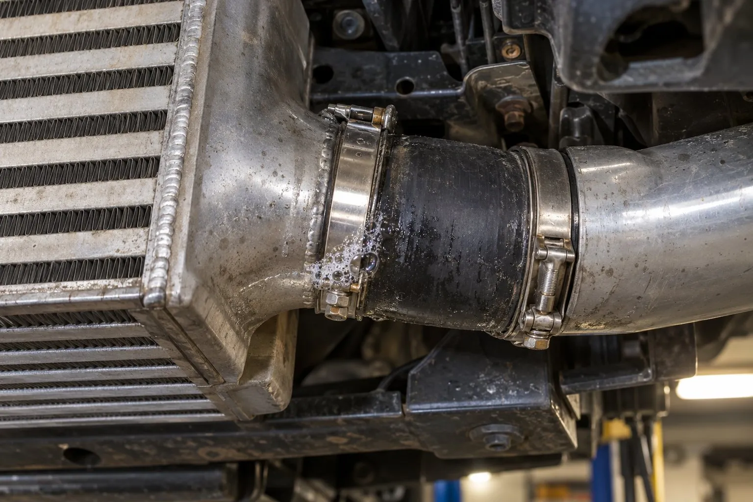 How to Pressure Test Your Intercooler and Find Boost Leaks 1 Soapy bubbles reveal a boost leak at a diesel truck intercooler hose boot and clamp.