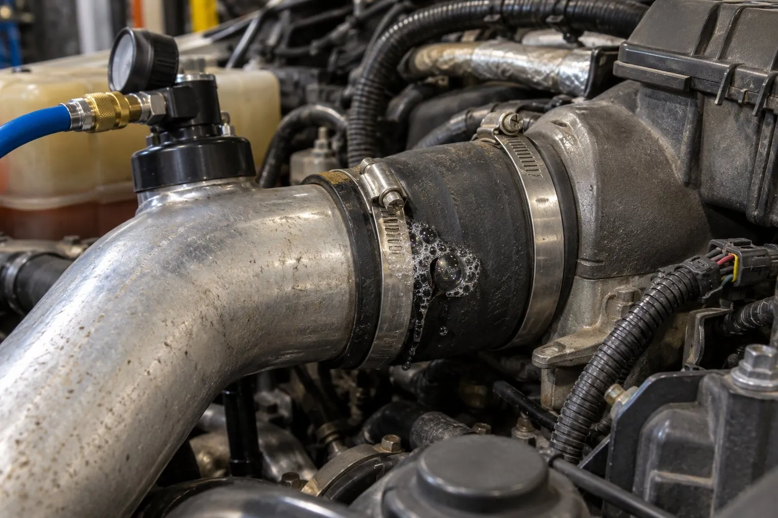 P0299 on Ford 6.0L Powerstroke: Step-by-Step Diagnosis & Most Common Causes 1 Soapy bubbles reveal a charge-air boot leak during a pressure test on a 6.0L Powerstroke
