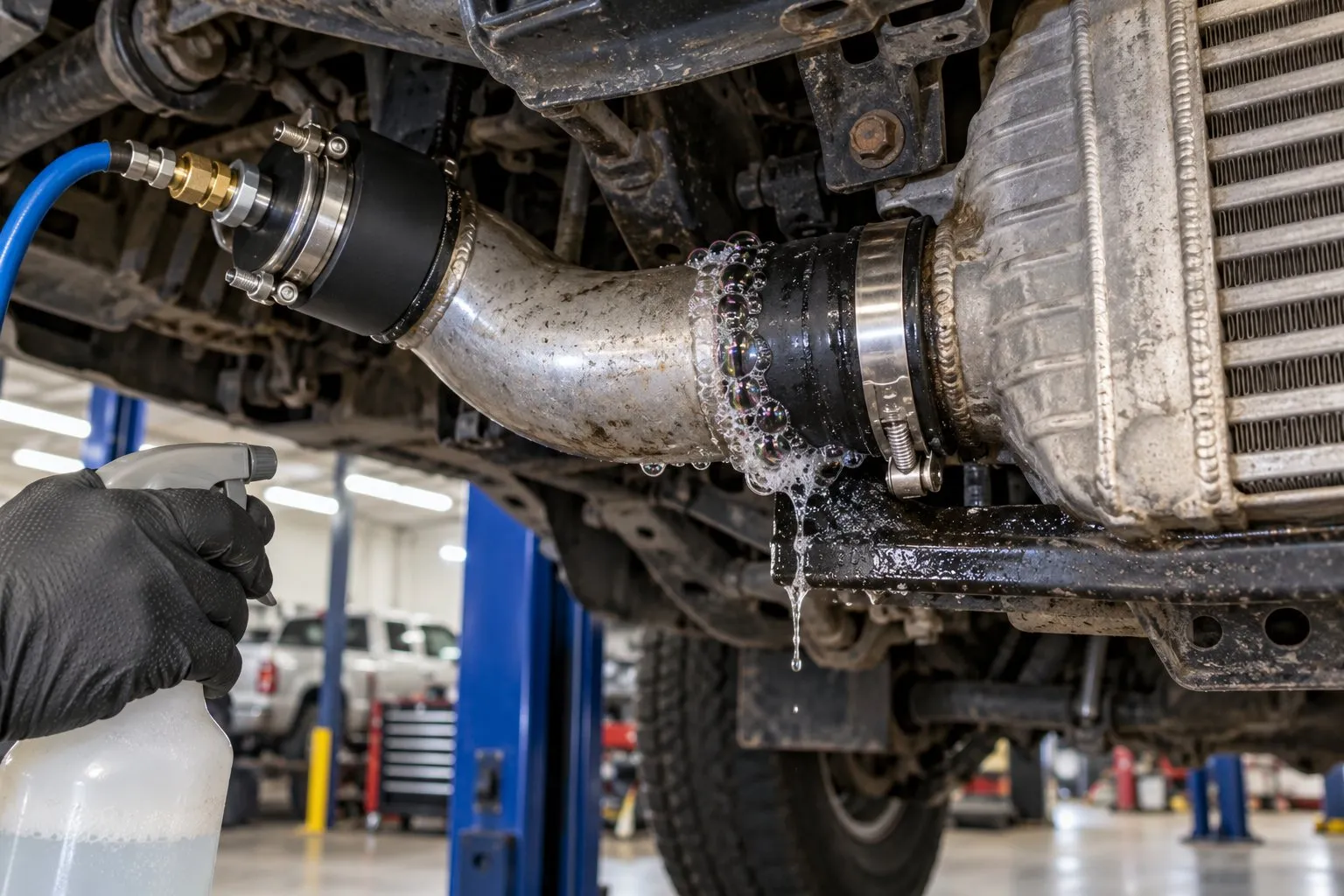 Low Boost Pressure on a Diesel: Diagnosing Every Possible Cause 1 Soapy bubbles reveal a leaking intercooler coupler during a pressure test on a Ram 6.7L Cummins