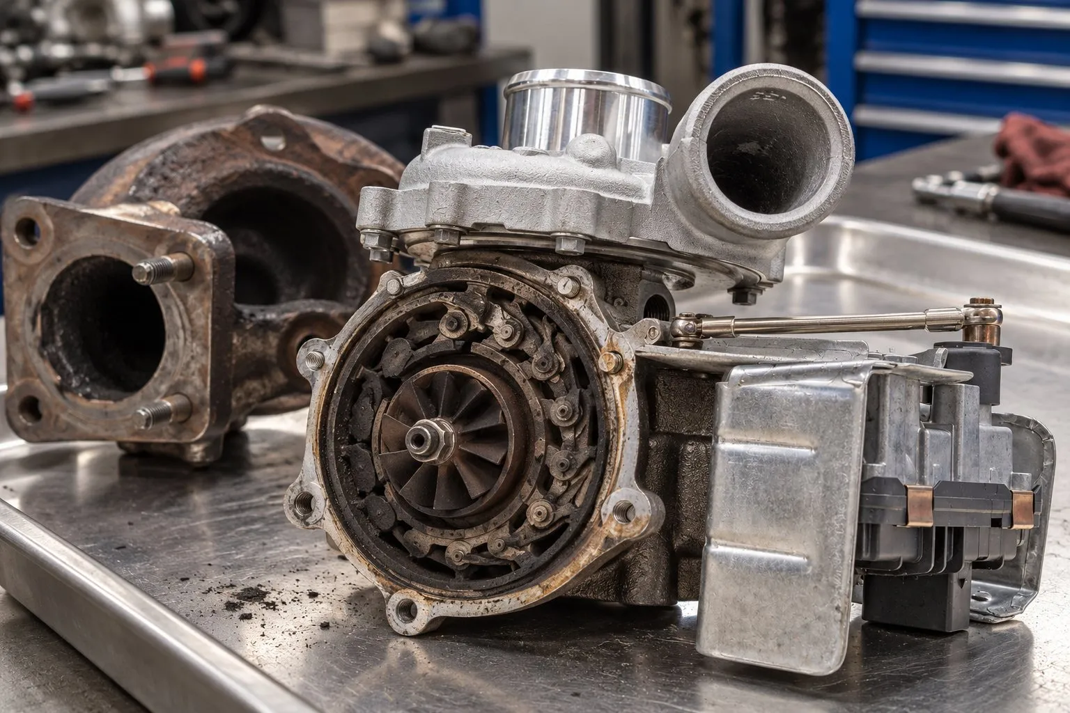 Garrett GTB1752VK and GTB1752VKL Turbochargers: Chevy Colorado & GMC Canyon 2.8L Duramax Guide 1 Soot deposits around the exposed turbine vane mechanism of a removed Garrett GTB1752VKL