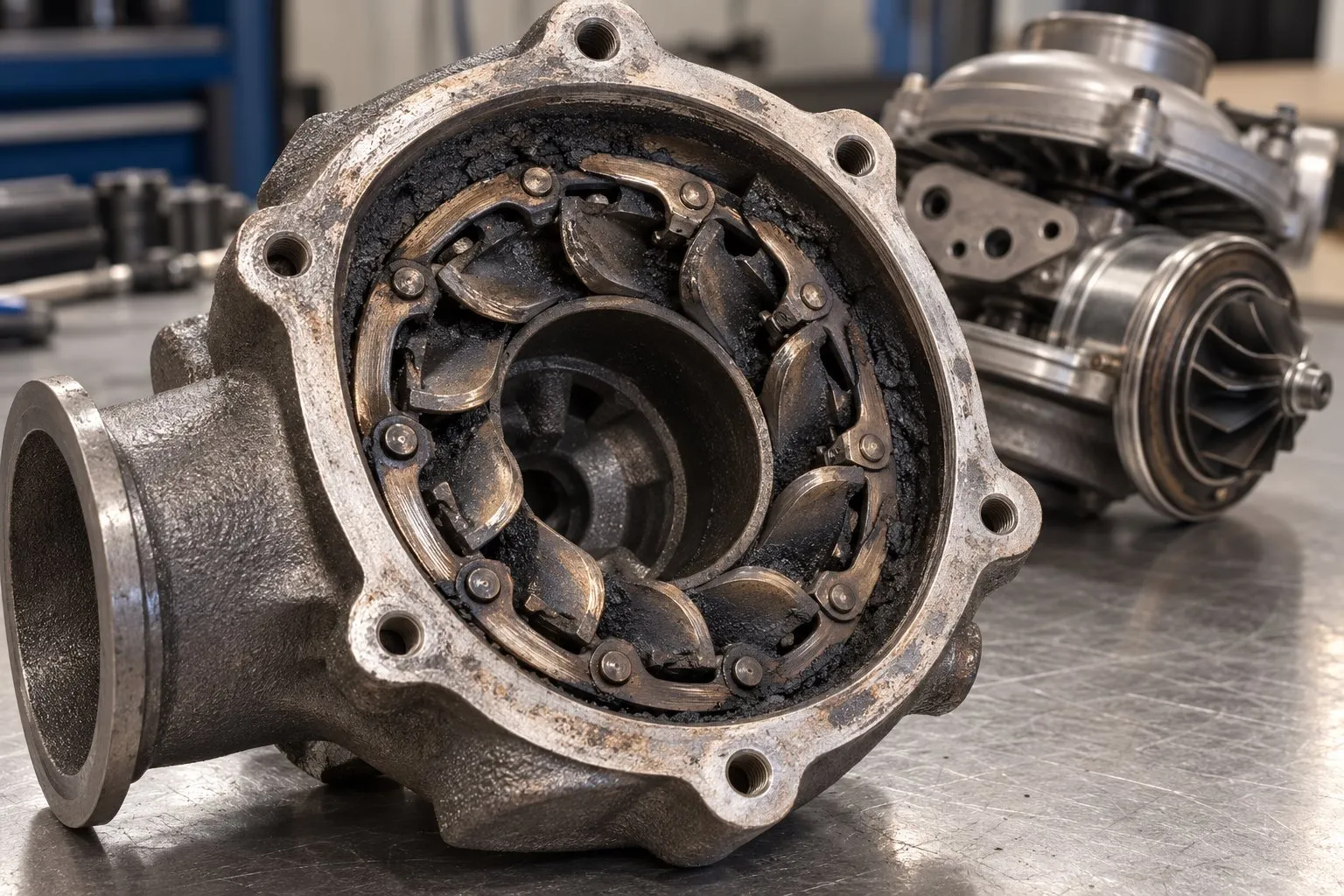 What Is a Variable Geometry Turbocharger? How VGT Works & Common Failures 1 Soot deposits around the exposed vanes and unison ring of a Ford 6.0L GT3782VA turbo