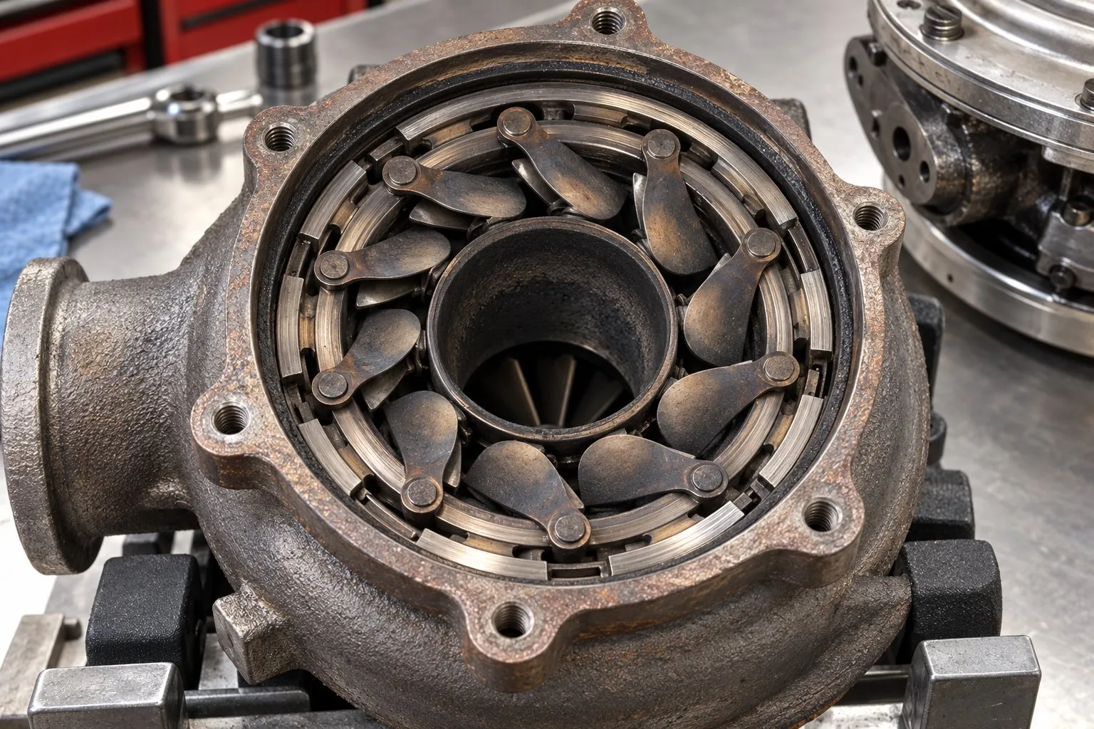 6.0L vs 6.7L Powerstroke Turbocharger Comparison: Reliability, Cost & Upgrade Path 1 Soot deposits around the unison ring and variable vanes of a disassembled 6.0L GT3782VA turbo
