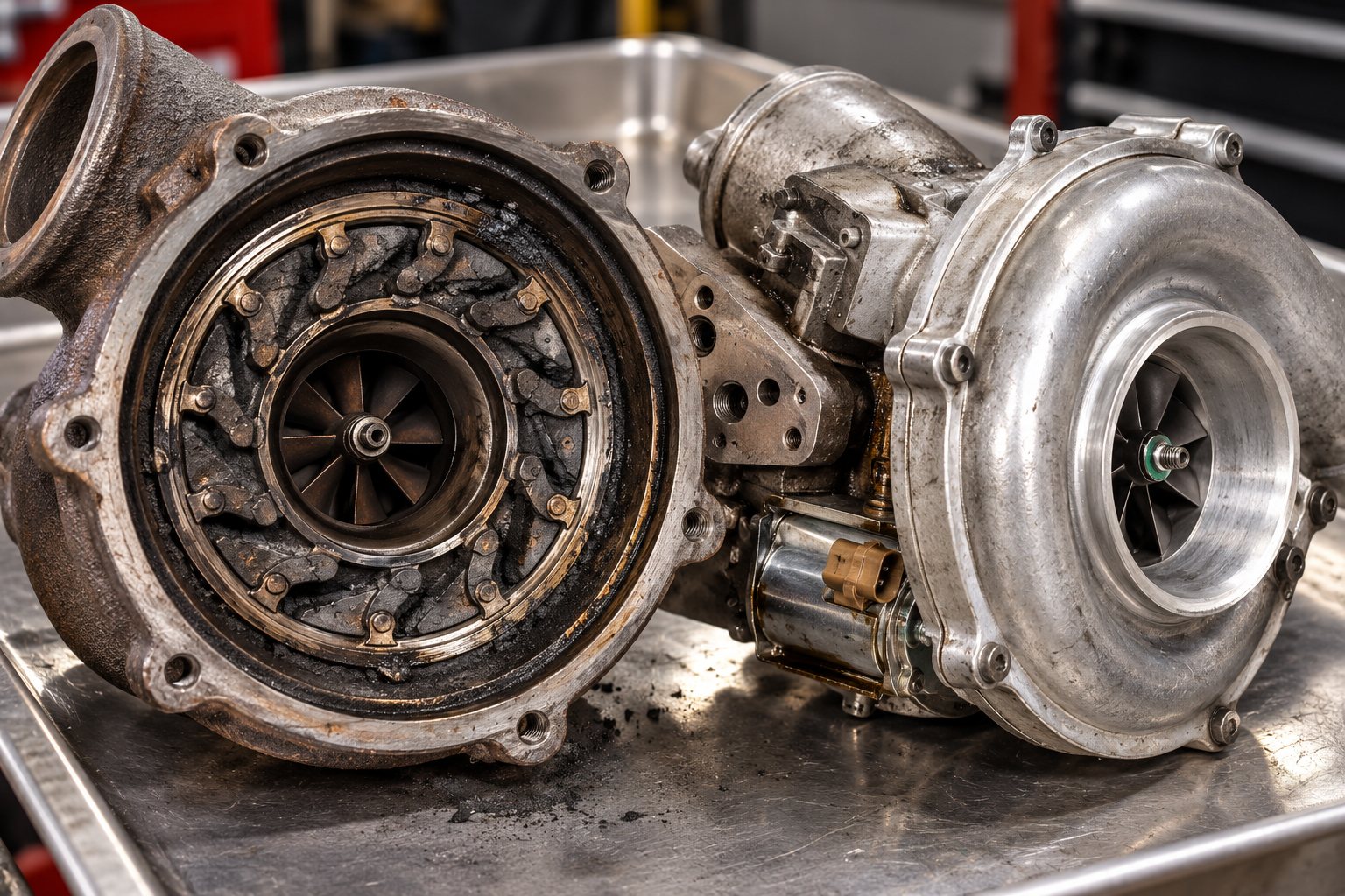 Ford 6.0L Powerstroke Turbocharger Replacement Cost: Full Price Breakdown 4 Soot deposits on the exposed GT3782VA vane mechanism and unison ring during disassembly
