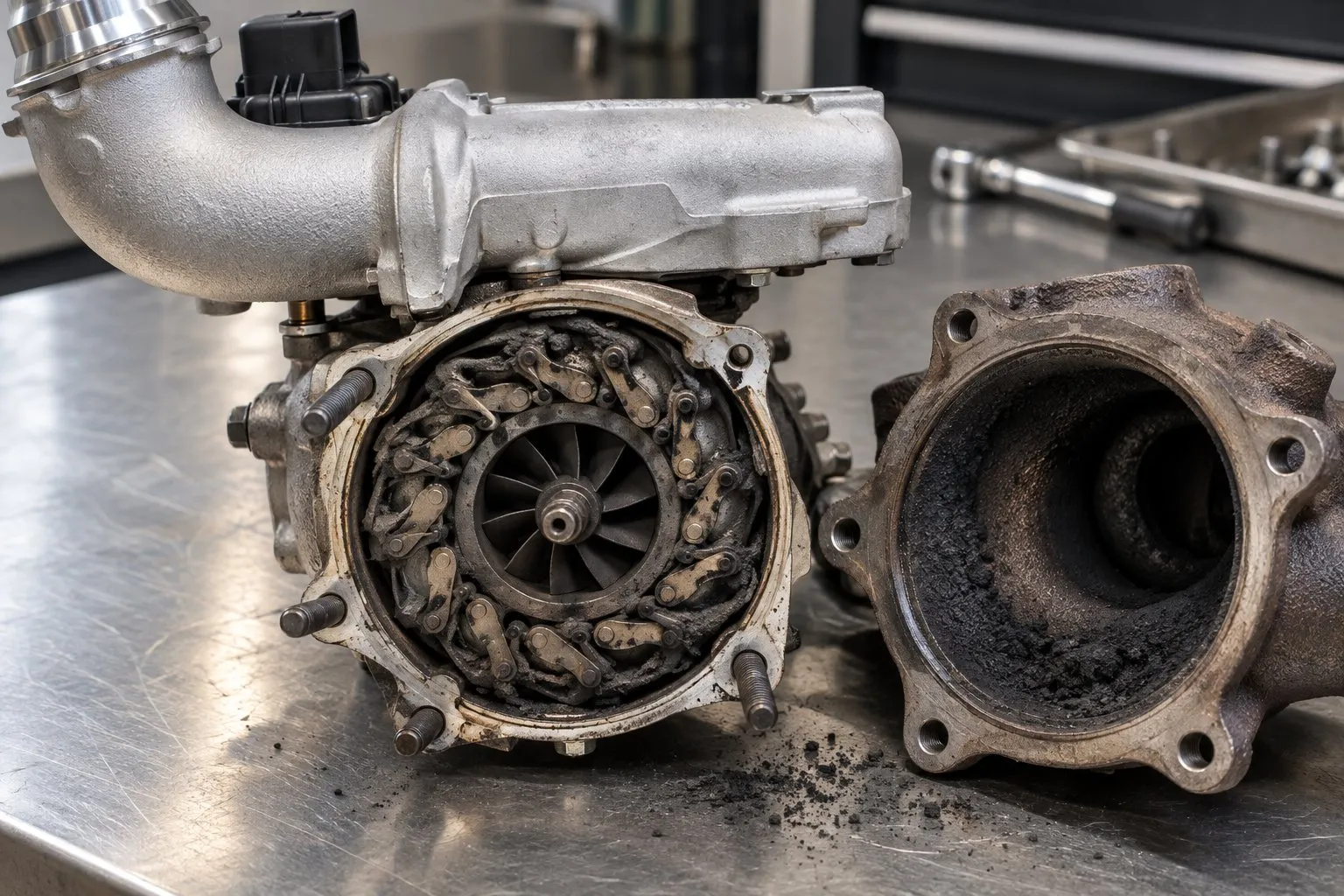 Ram 1500 EcoDiesel Turbocharger Guide: 3.0L VM Motori Failures & Replacement 1 Soot deposits on the exposed variable-geometry vane mechanism of an EcoDiesel GTB2056VKL turbo