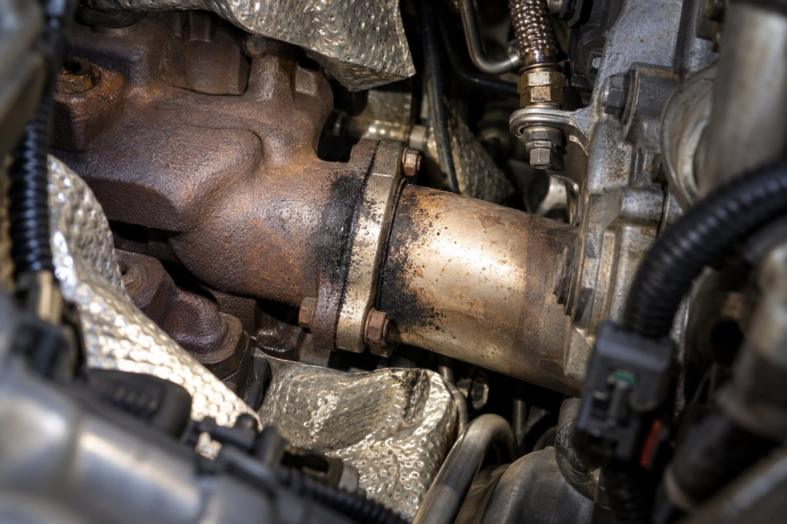Ford 6.7L Powerstroke Turbocharger: Problems, Symptoms and Replacement Guide 3 Soot staining around a leaking exhaust-feed pipe joint beside an early 6.7L Powerstroke turbo